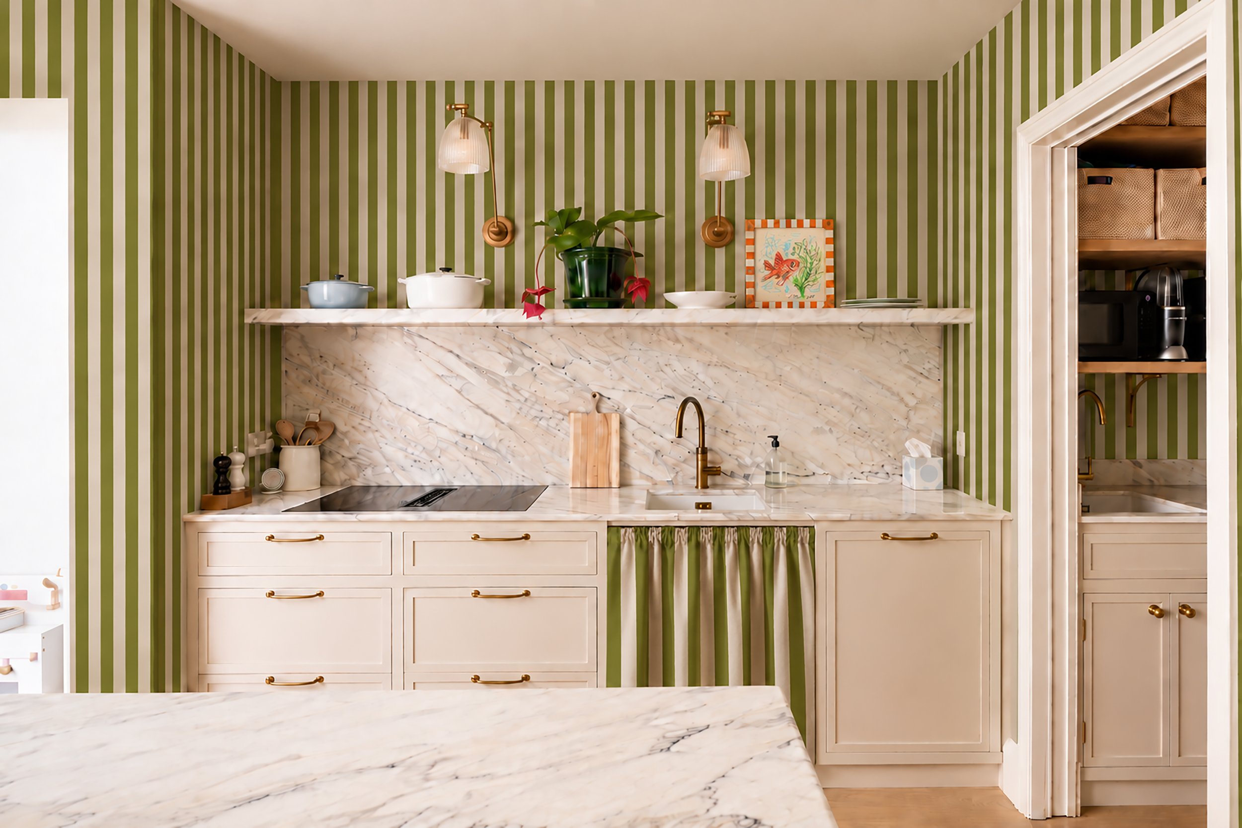 olive stripe wallpaper and fabric in kitchen.jpg