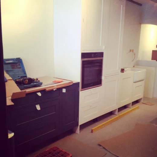 Bespoke cabinets painted in Farrow &amp; Ball Stifkey Blue and Wevet