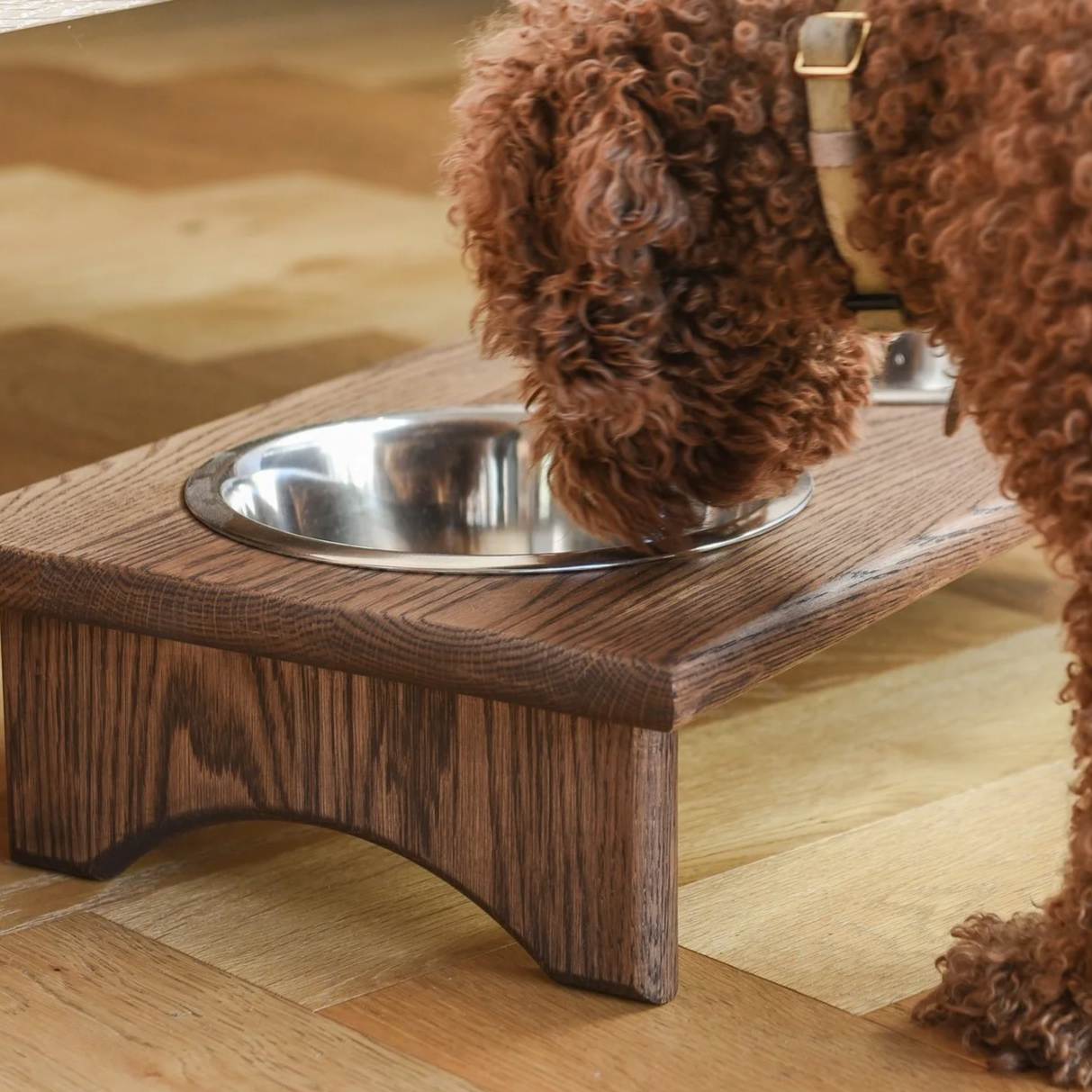 A curly-haired brown dog eating from a metal bowl on a wooden stand.