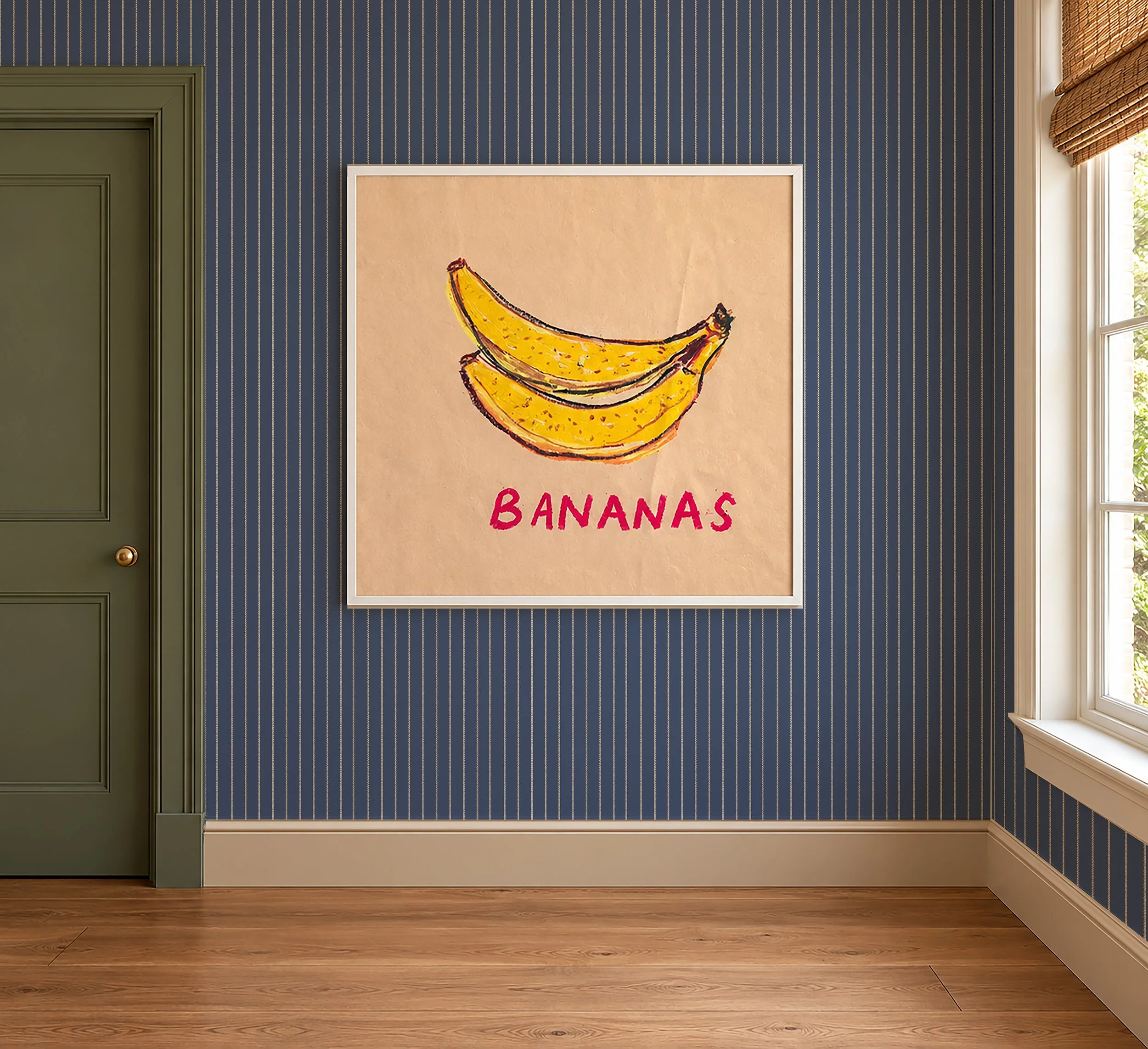 bananas in frame on wall with blue twist stripe wallpaper.jpg