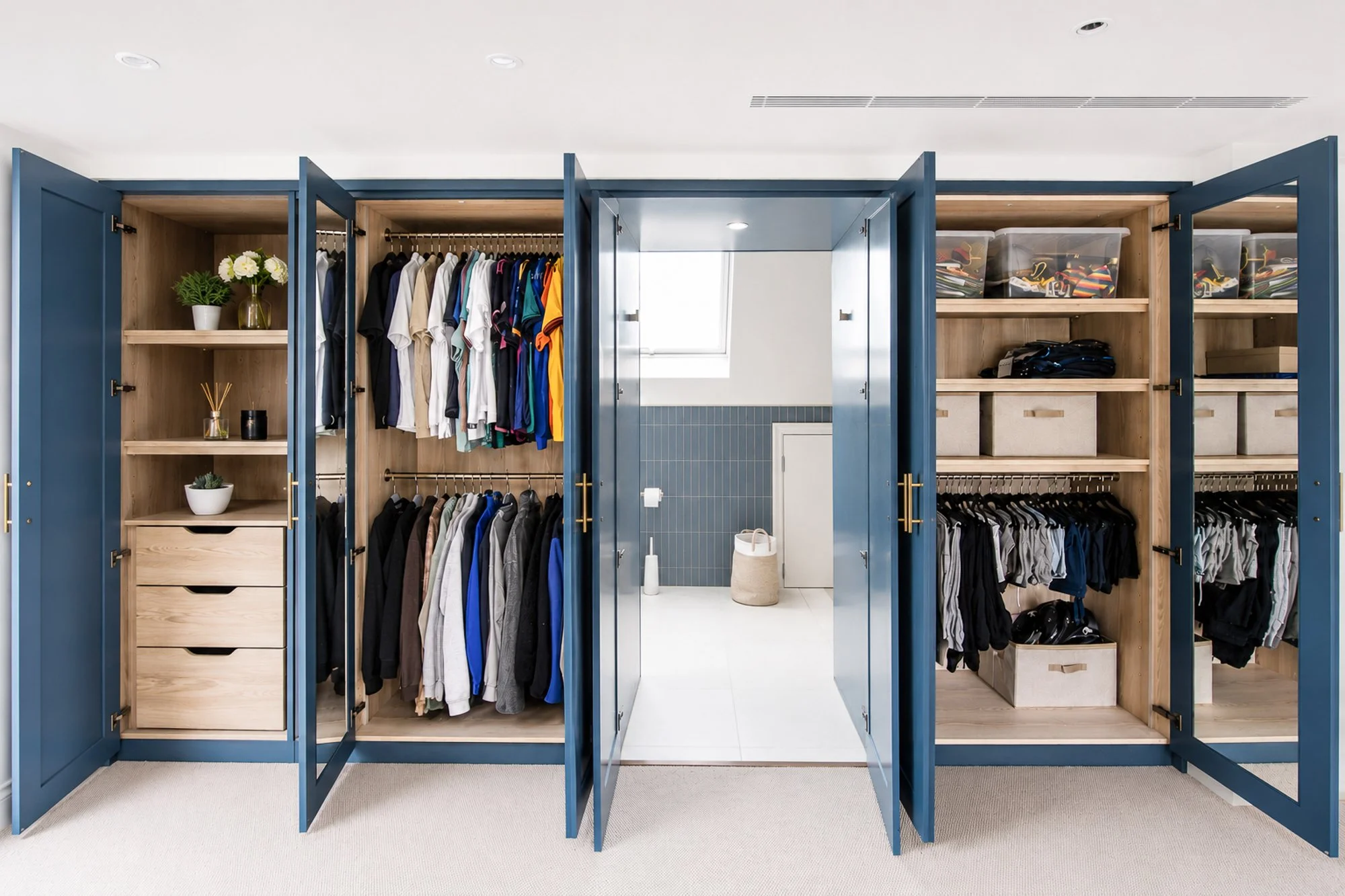 View of an open closet with blue doors, containing various folded clothes, hanging shirts, plants, and storage boxes, with a window in the background.