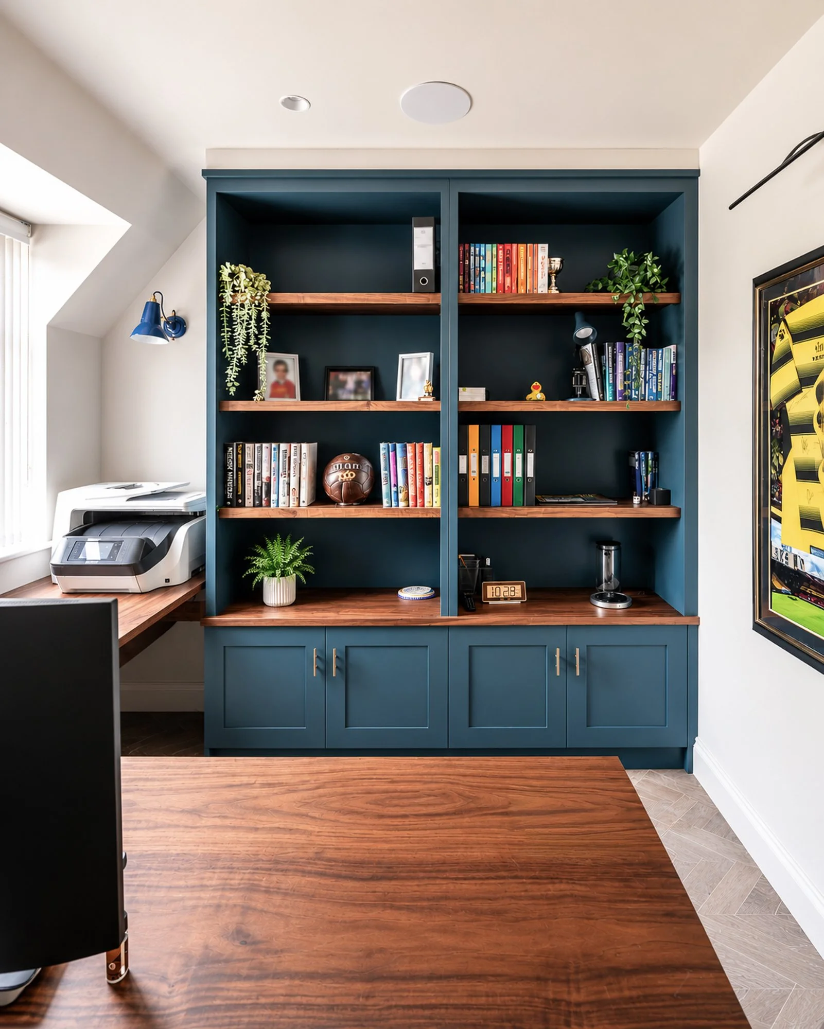 A blue bookshelf with five shelves, containing books, framed photos, plants, and decorative items, in a room with wood and tile flooring.