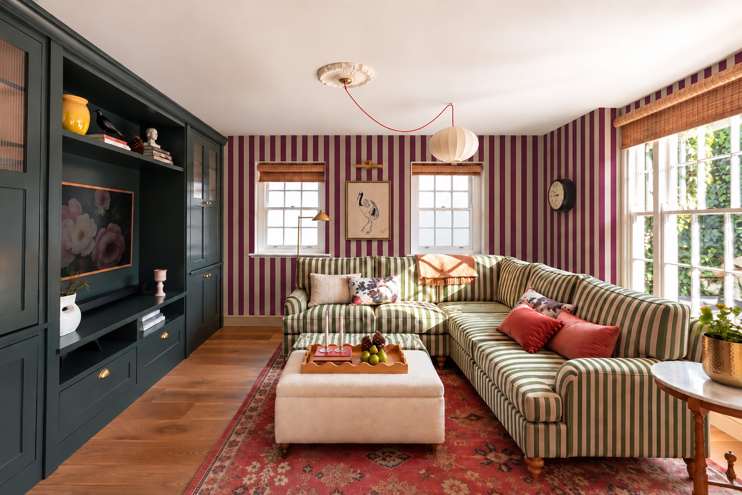 plum stripe wallpaper with olive stripe sofa.jpg