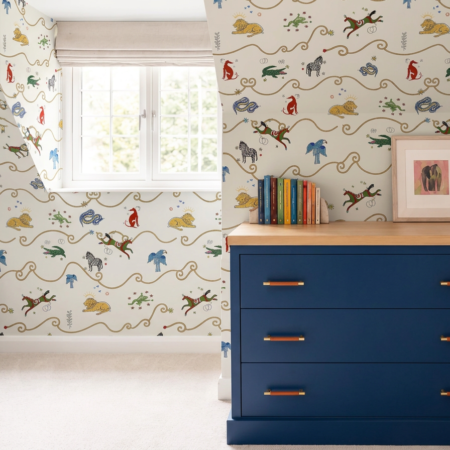 A room with whimsical wallpaper featuring colorful animals and swirling lines, a window with a beige Roman shade, and a blue dresser topped with a row of books and a framed artwork.