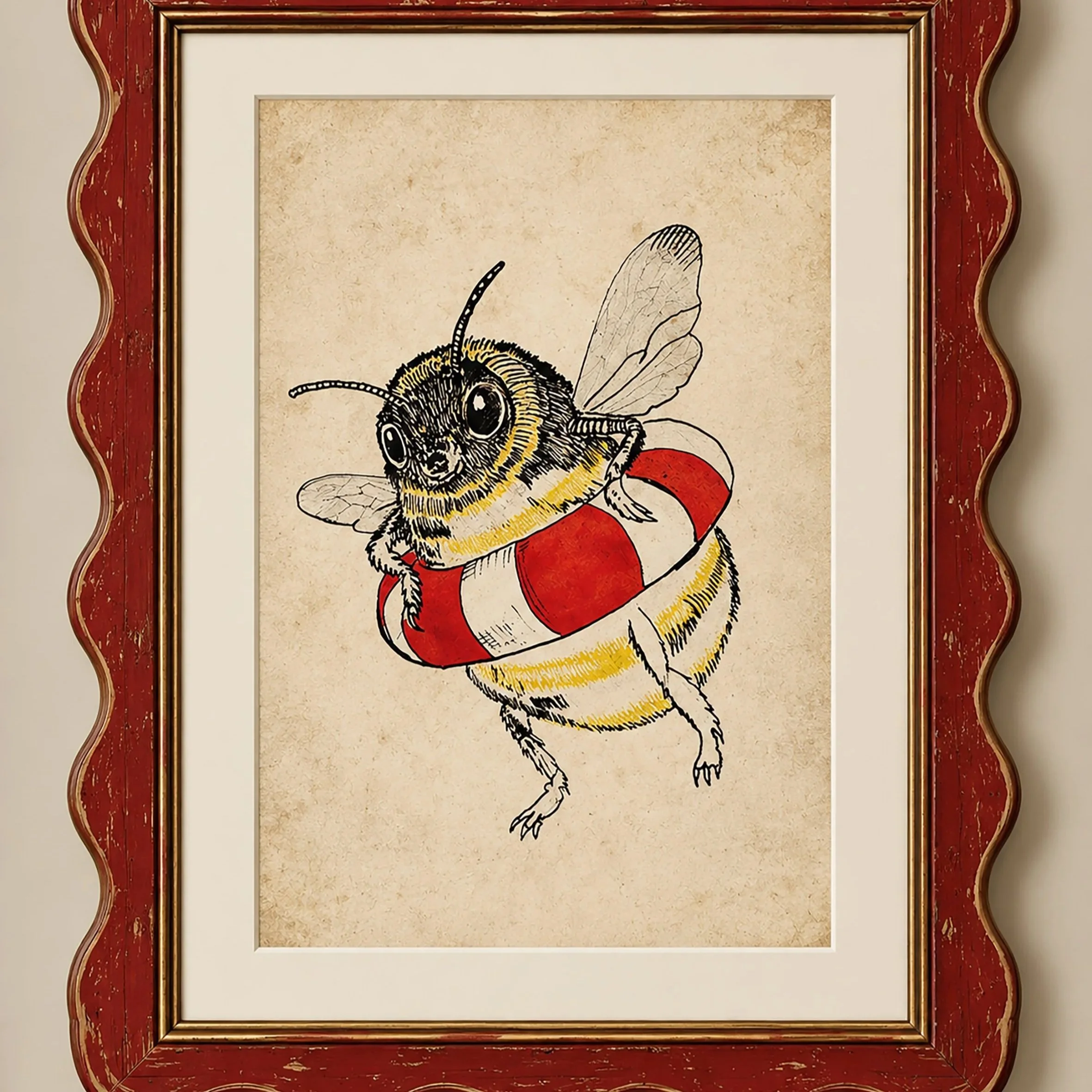A framed illustration of a bee holding a red heart.