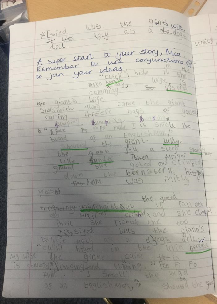 Mia was pleased that she remembered to use conjunctions to join some of her ideas. She had also used speech marks correctly.