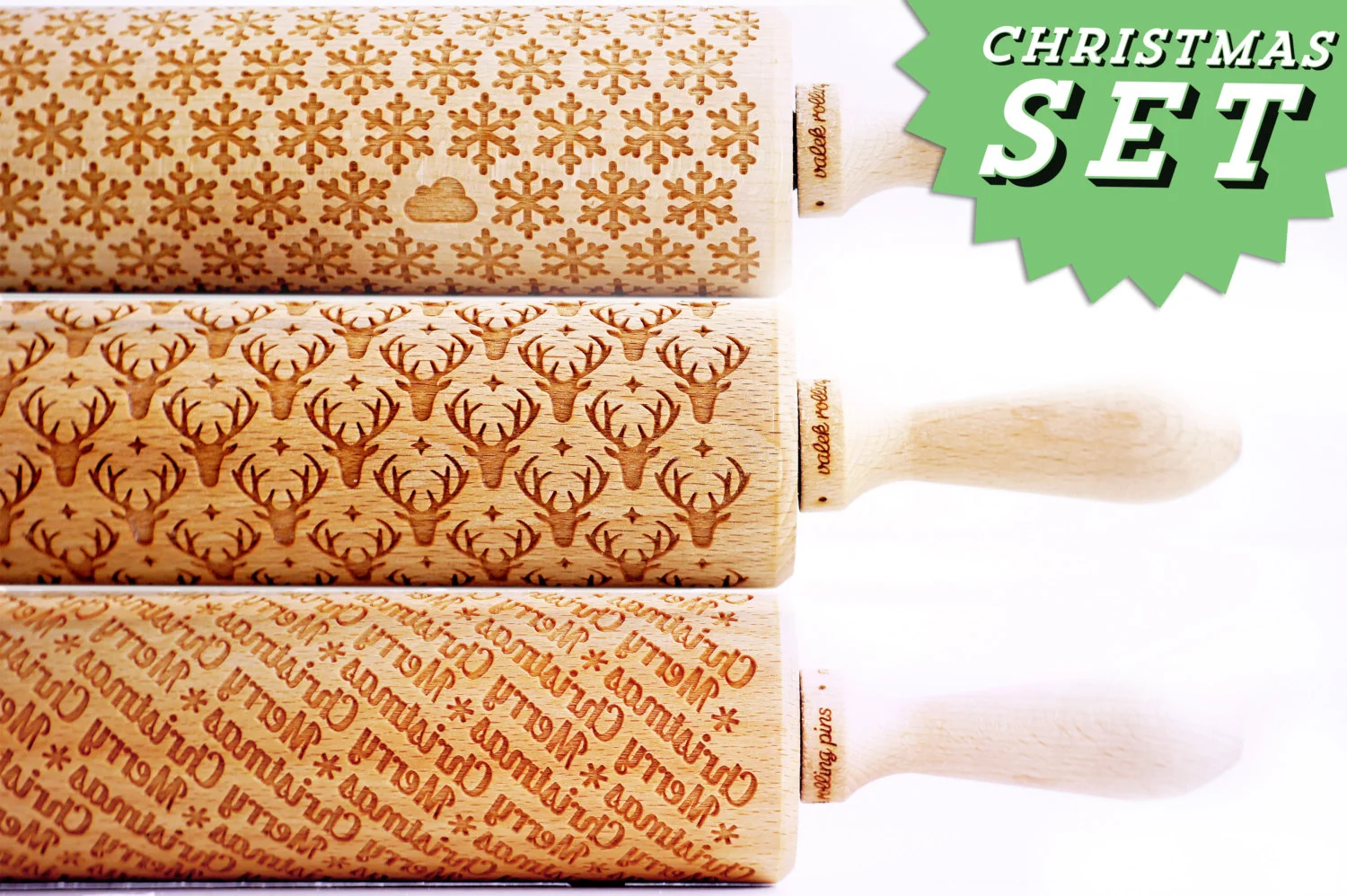 reindeer, snowflake, happy christmas, cookie cutter. Christmas rolling pin with christmas patterns, best gift holy jolu christmas