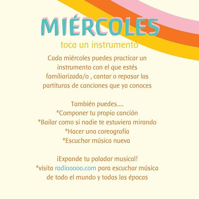 Aqu&iacute; #maestraraiza les comparte ideas de actividades en casa para cada d&iacute;a de la semana con ni&ntilde;os y ni&ntilde;as de 9 a&ntilde;os en adelante. 
Hoy mi&eacute;rcoles es un buen d&iacute;a para cantar, practicar un instrumento musi