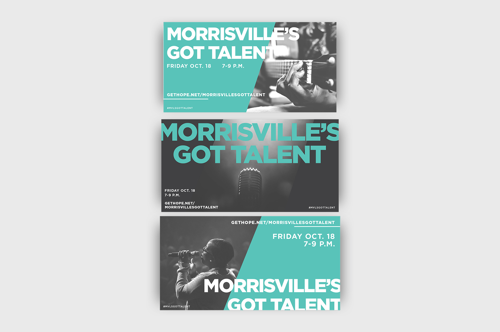 Social graphics created for our Morrisville campus’ event called Morrisville’s Got Talent. I love creating broken grid style designs and collage style designs for Instagram (top design). These were a lot of fun to create. I especially love the bold type and the color palette.