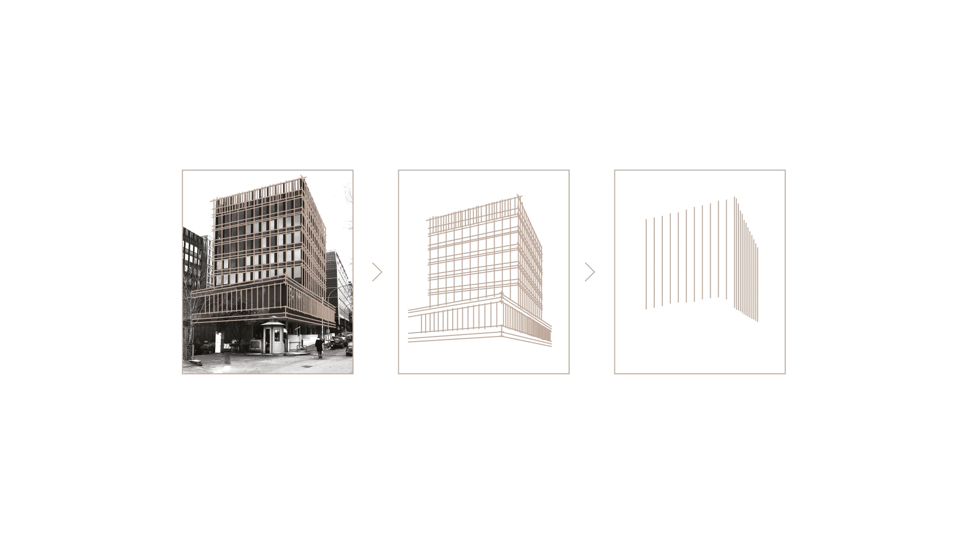 Il progetto si ispira alla tessitura di linee verticali che caratterizzano la facciata dell’edificio; una tessitura portata a sistema e reiterata anche negli spazi interni.