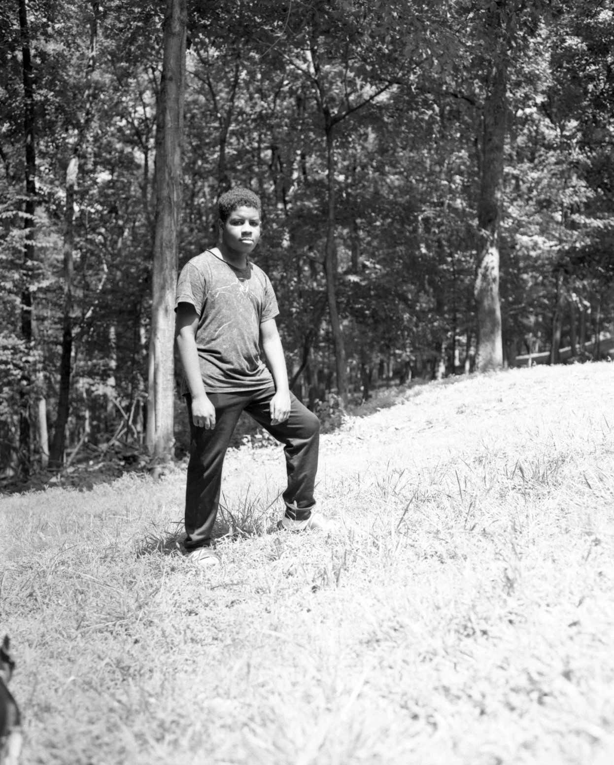 A young boy stands on a grassy hill in a wooded area, wearing a t-shirt and pants, with trees in the background.