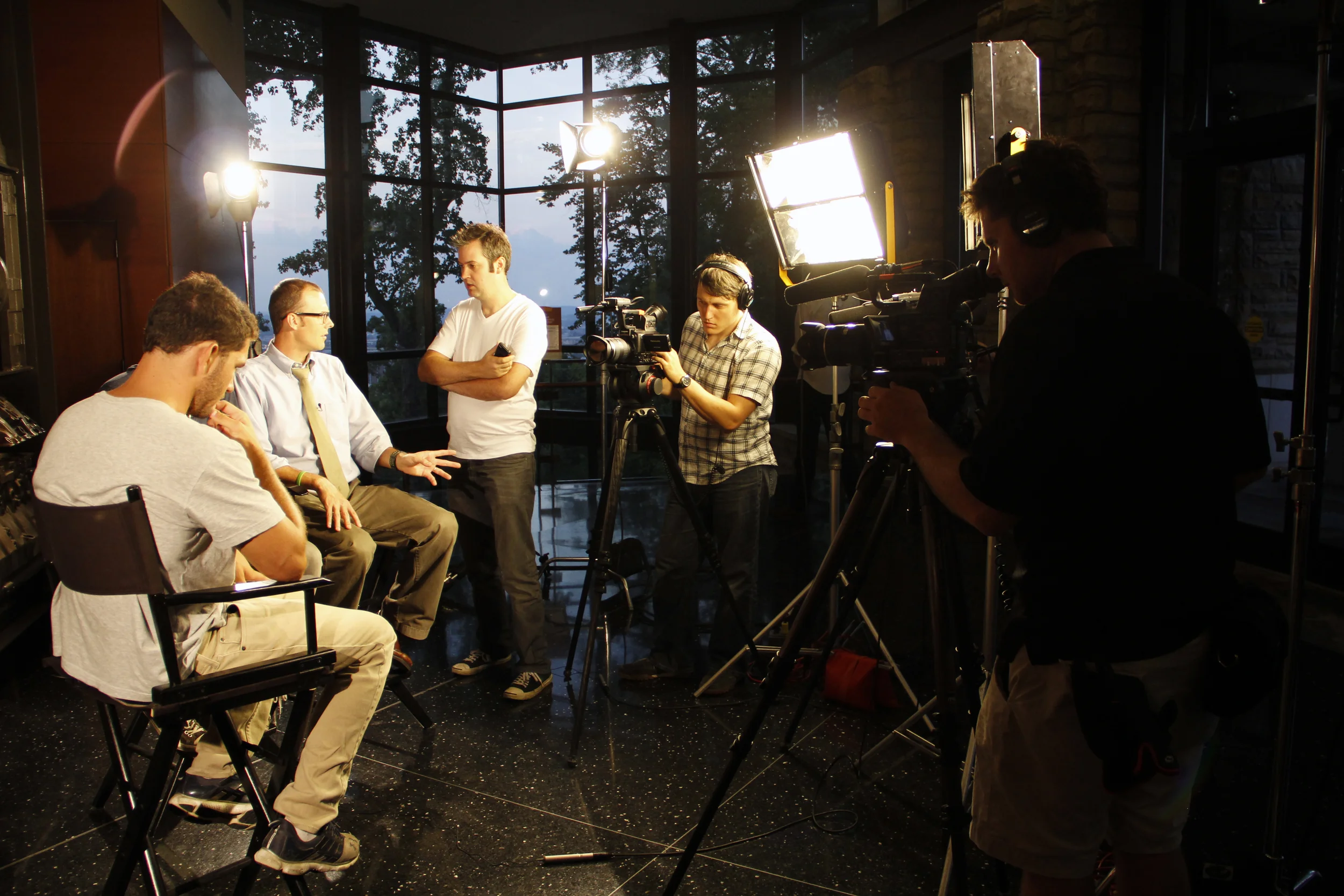 Students working on set of The Iron Bowl Hour.