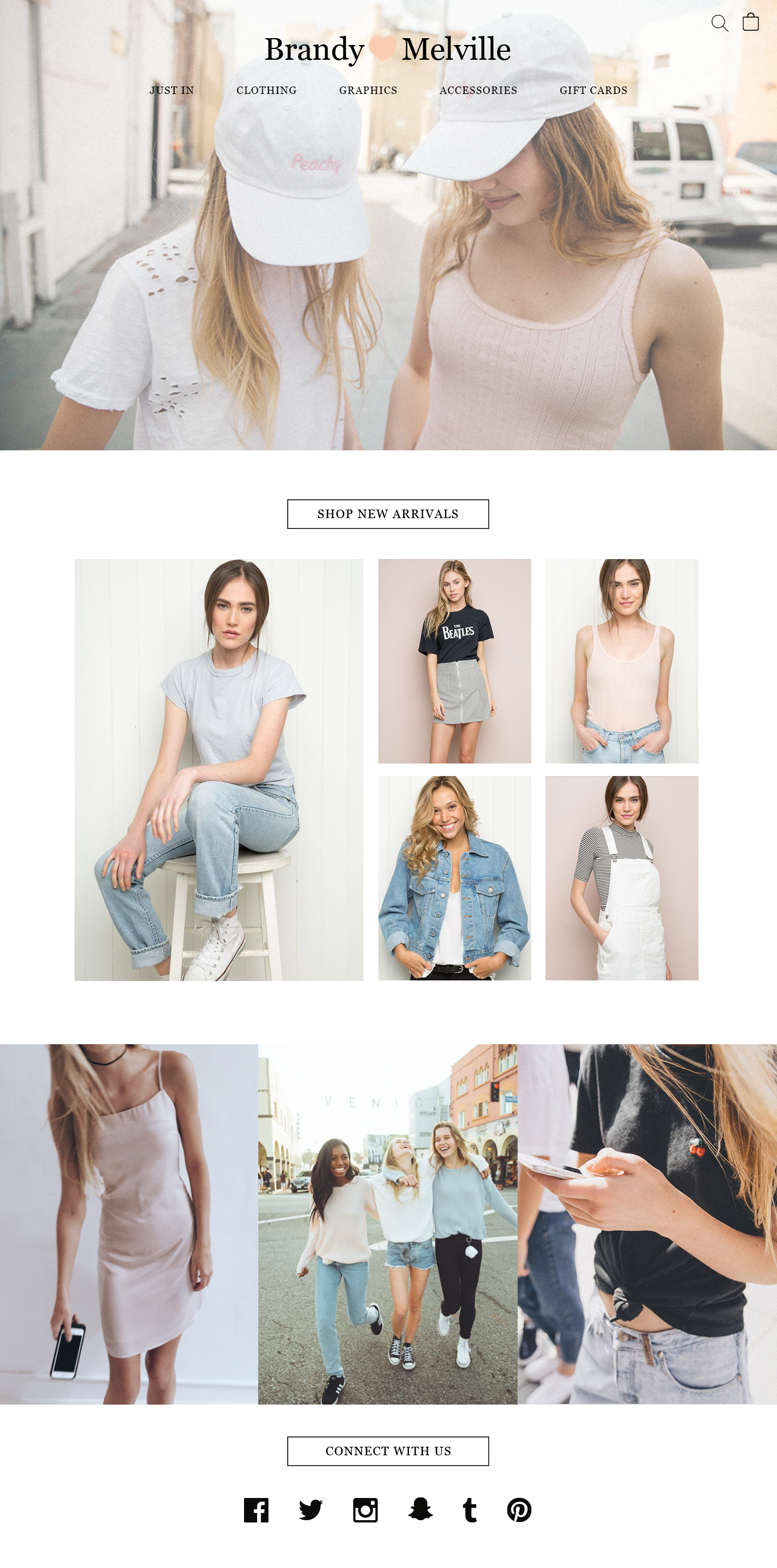 I redesigned the homepage, product description page, and product grid page. For the homepage, I really wanted to focus on the lifestyle imagery, but also direct customers to the New Arrivals collection. In addition, Brandy Melville is really active on social media, but you wouldn't be able to tell from their current website. So I added a "Connect With Us" section at the bottom of the homepage with their social media channels.