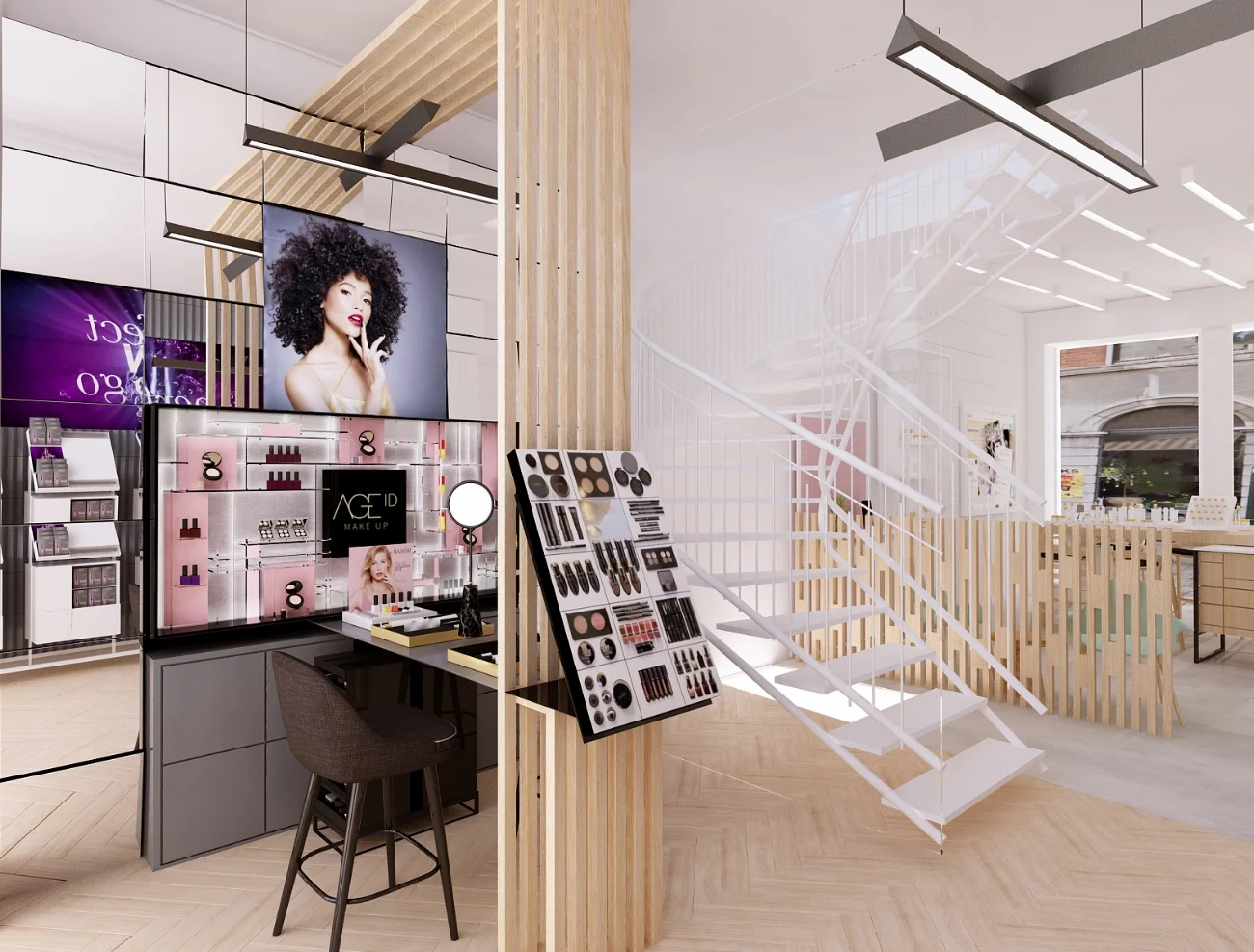 Makeup area. Wall + counter + general testing display.