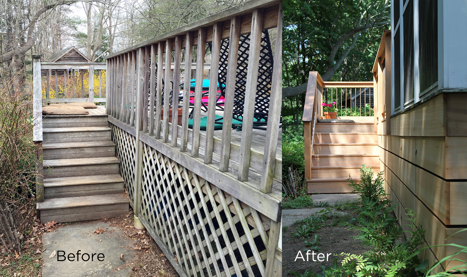 We used a combination of Ipe, Cedar, and rebar to update this deck. 