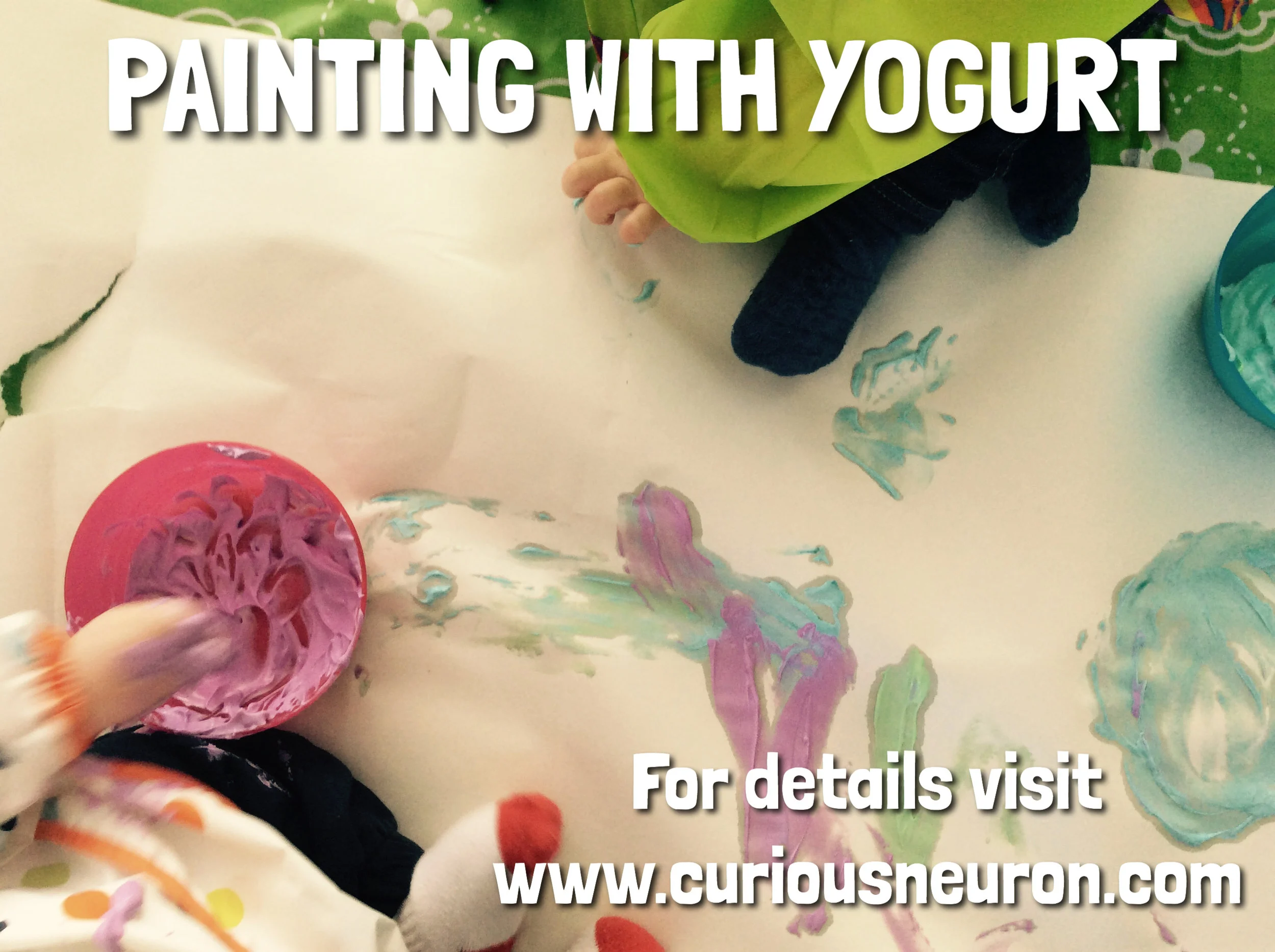 Since babies still put everything in their mouth, using regular paint might not be an option! I got this idea from one of my favourite books called 150+ Screen Free Activities for Kids . Using plain yogurt and food colouring, you can create your own paint that is edible. I am glad it was edible because my baby decided it was snack time rather than activity time!