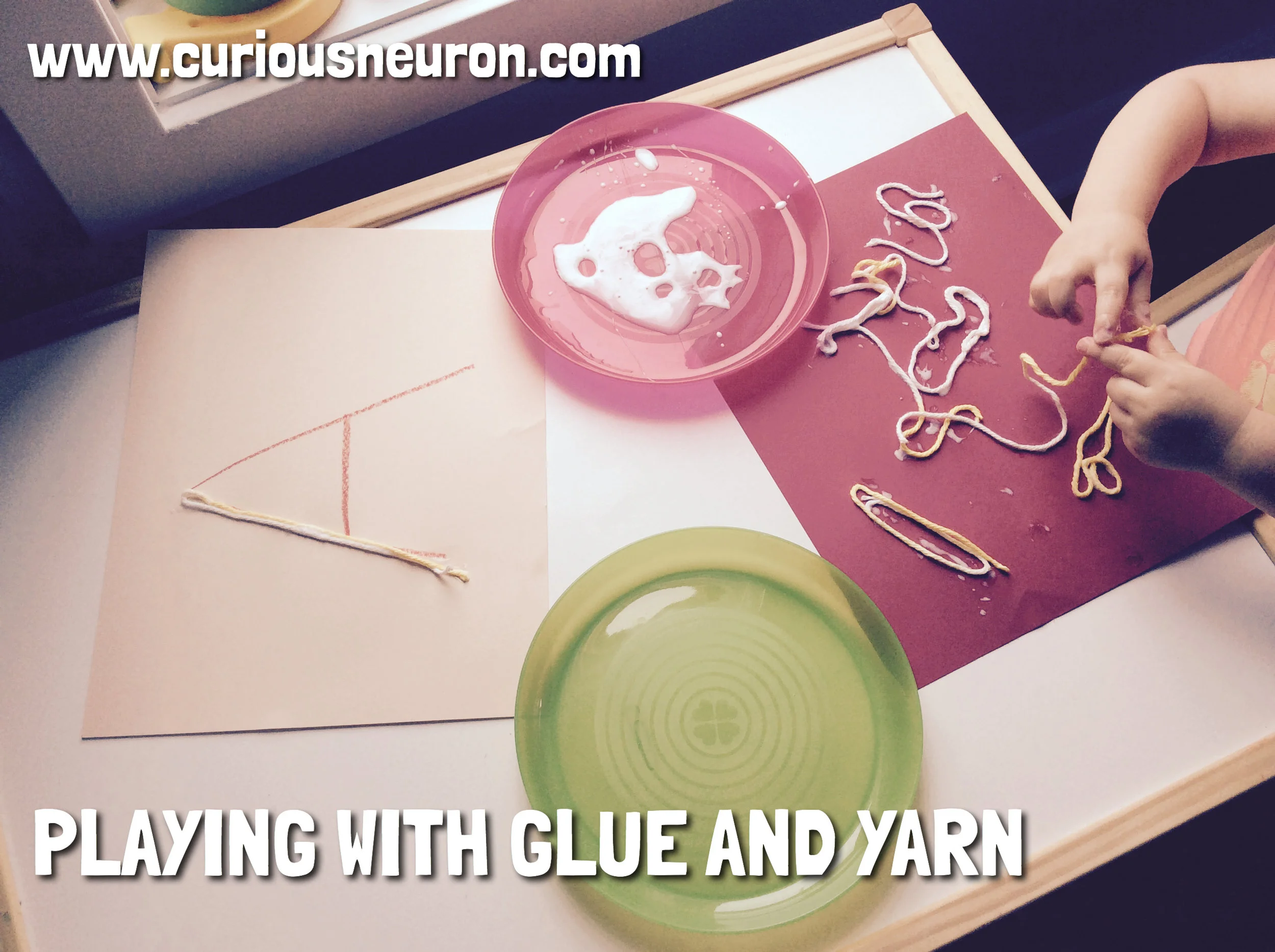 Add some liquid glue to a plate and use a paintbrush and some yarn. If you are doing this activity with a toddler, you can simply have them glue their yarn to paper and create art with it. With older children who are learning letters, shapes or counting you can also draw out the letters or shapes on their paper and have them glue their yarn over it.