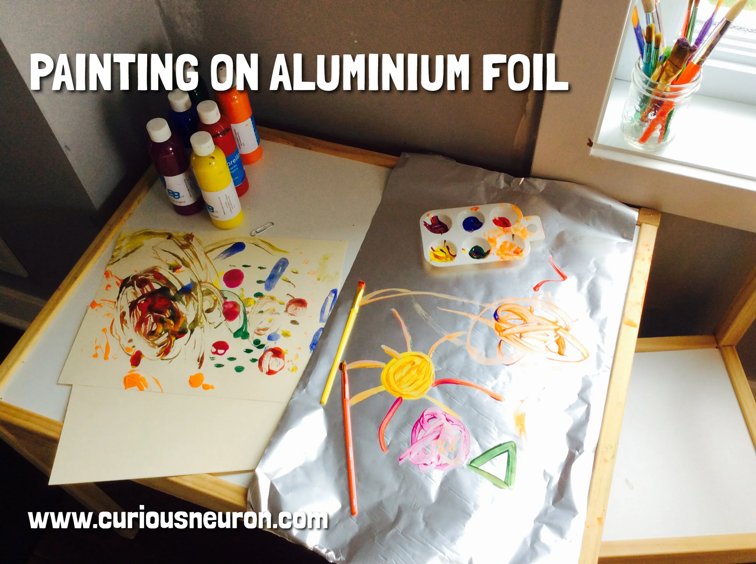 Changing what you use as a canvas is a fun way to keep painting entertaining for children. Painting on aluminium foil is fun for younger children since the paper has a nice shine to it! We used tempera paint for children.