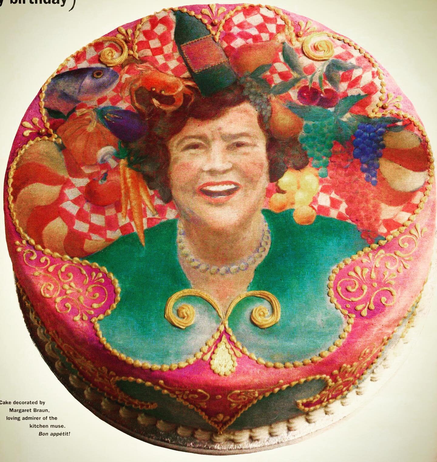 It&rsquo;s Julia&rsquo;s b&rsquo;day again &amp; here&rsquo;s a cake I made for her 80th. 
@interviewmag (1993)
-Food color painting onto sugar paste &amp;
marzipan .  #juliachild #edibleart  #wasacakemaker #kitchenworker #howilearnedtowork  #structu