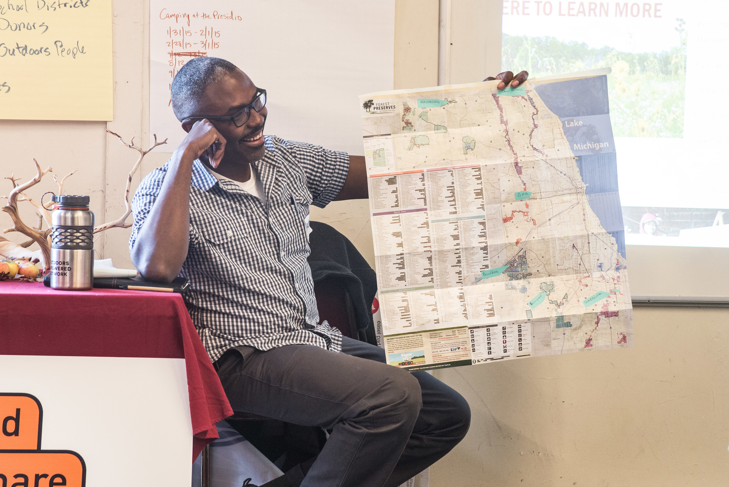 Each attending organization presented on their current initiatives to get youth outside. Here, Arthur from Cook County Illinois maps out the campgrounds currently being built in Chicago!