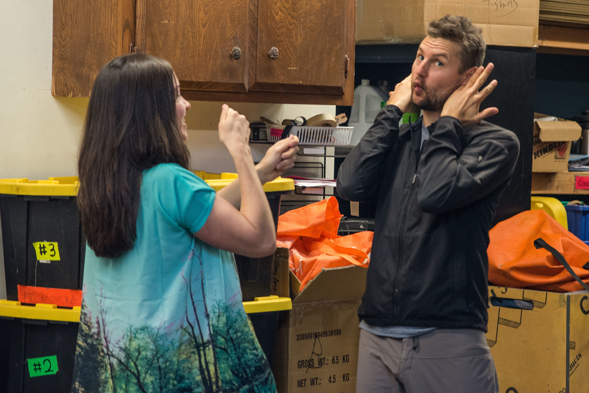 Zak and Hannah do the fish handshake
