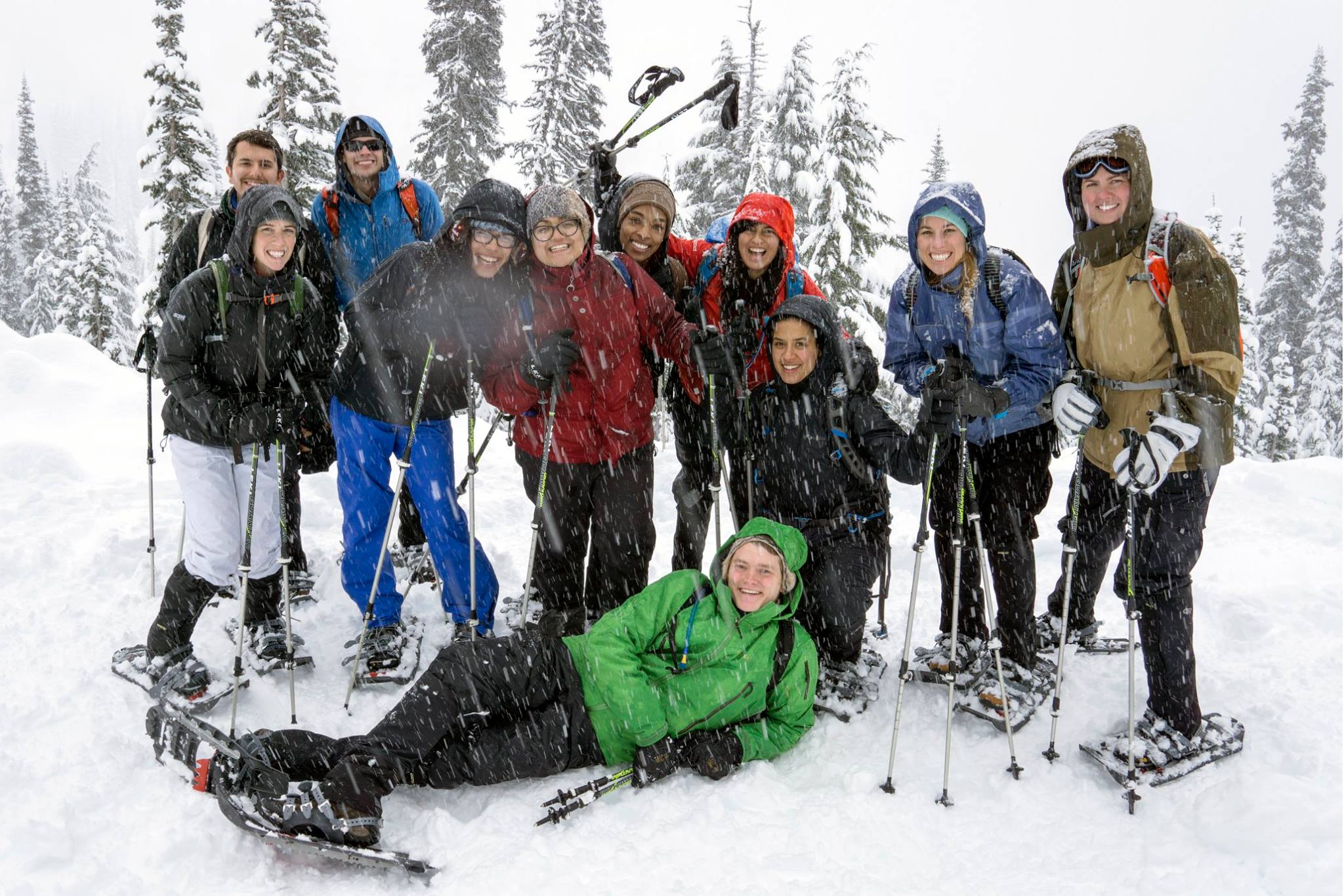 WTA's Chandrika Francis (kneeling) and participants from the first OLT Snowshoeing Workshop in January. Photo by Andrew Pringle