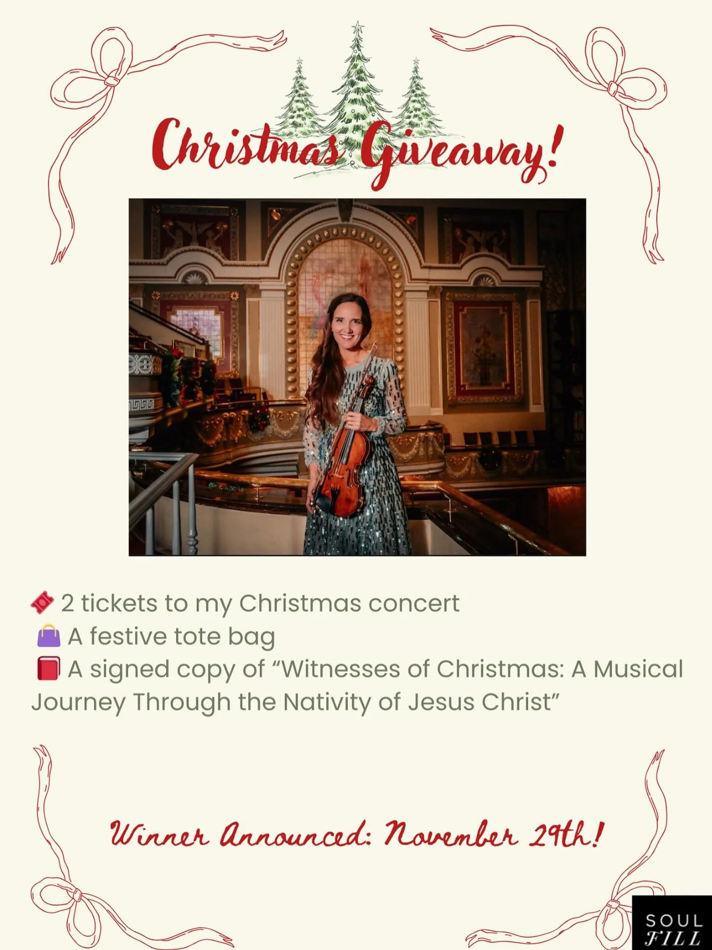 ✨🎄 GIVEAWAY 🎄✨
I&rsquo;m so excited to spread some Christmas cheer with a special giveaway! 🎶
Enter to win:
🎟️ 2 tickets to my Christmas concert
👜 A festive tote bag
📕 A signed copy of &ldquo;Witnesses of Christmas: A Musical Journey Through th