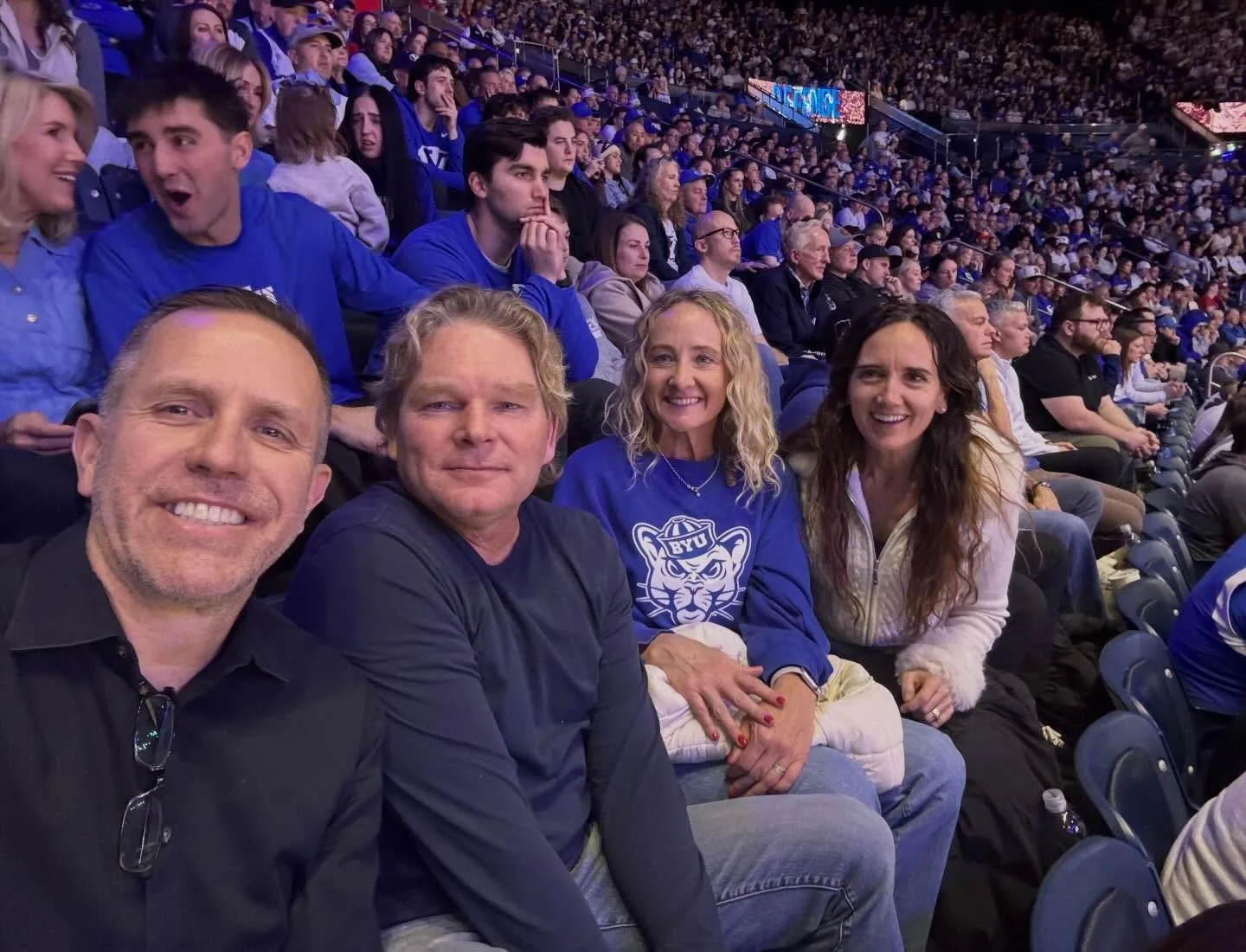 Fun to be here at the BYU Bball game cheering on the BYU Cougars! #byublue #byubasketball