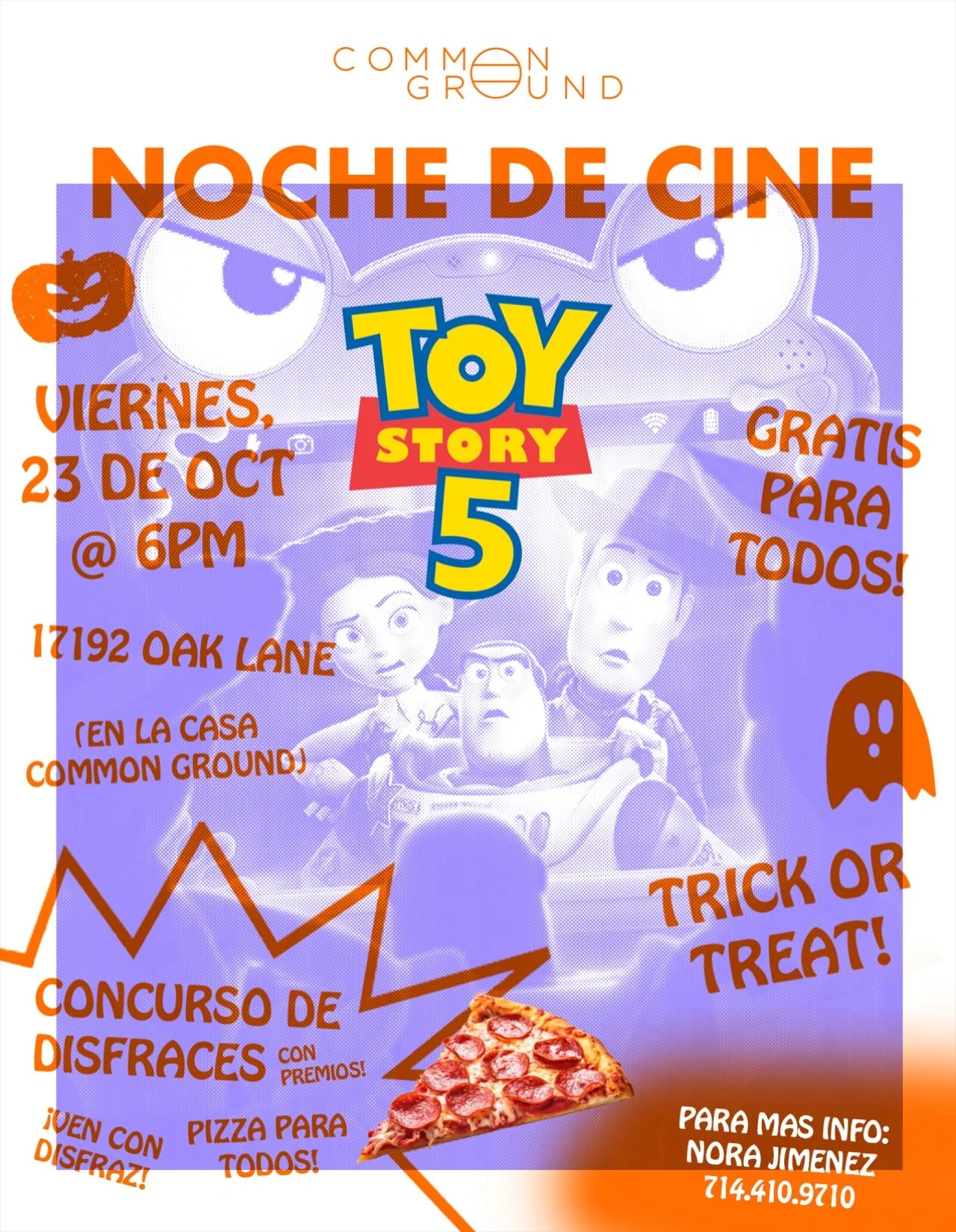 Come join us tomorrow night for Noche de Cine at the Common Ground House! Dress up in your best Halloween Costume for a chance to win a prize 🎃 
Enjoy some free pizza and popcorn as we watch Toy Story 5 together! 🎥🍿