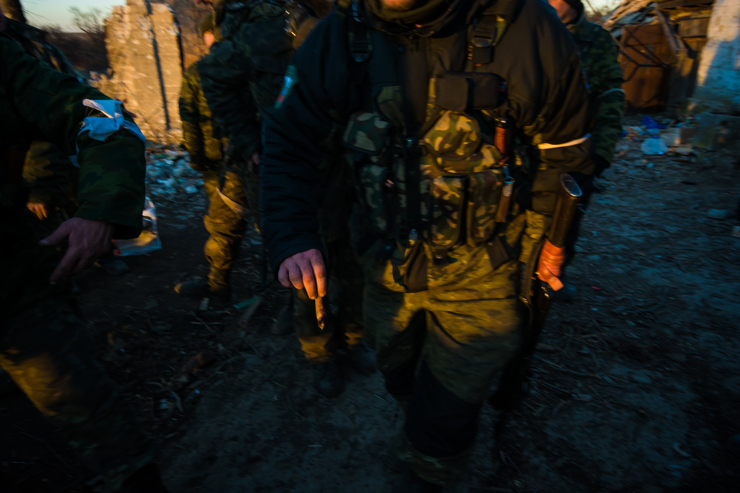  In February 2015, soldiers from the Donetsk People’s Republic, with military assistance from the Russian Federation, routed out the Ukrainian army from the Debaltseve pocket in one of the bloodiest battles of the war. Here, a separatist soldier show