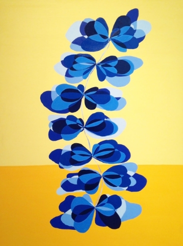 July, 2016 "Undulate in Blue (bloom on bloom)", oil on canvas, 36h x 48w inches Included in a show with Art in Embassies Program (AIEP) and heading off to the American Embassy in Port Moresby, Papua New Guinea