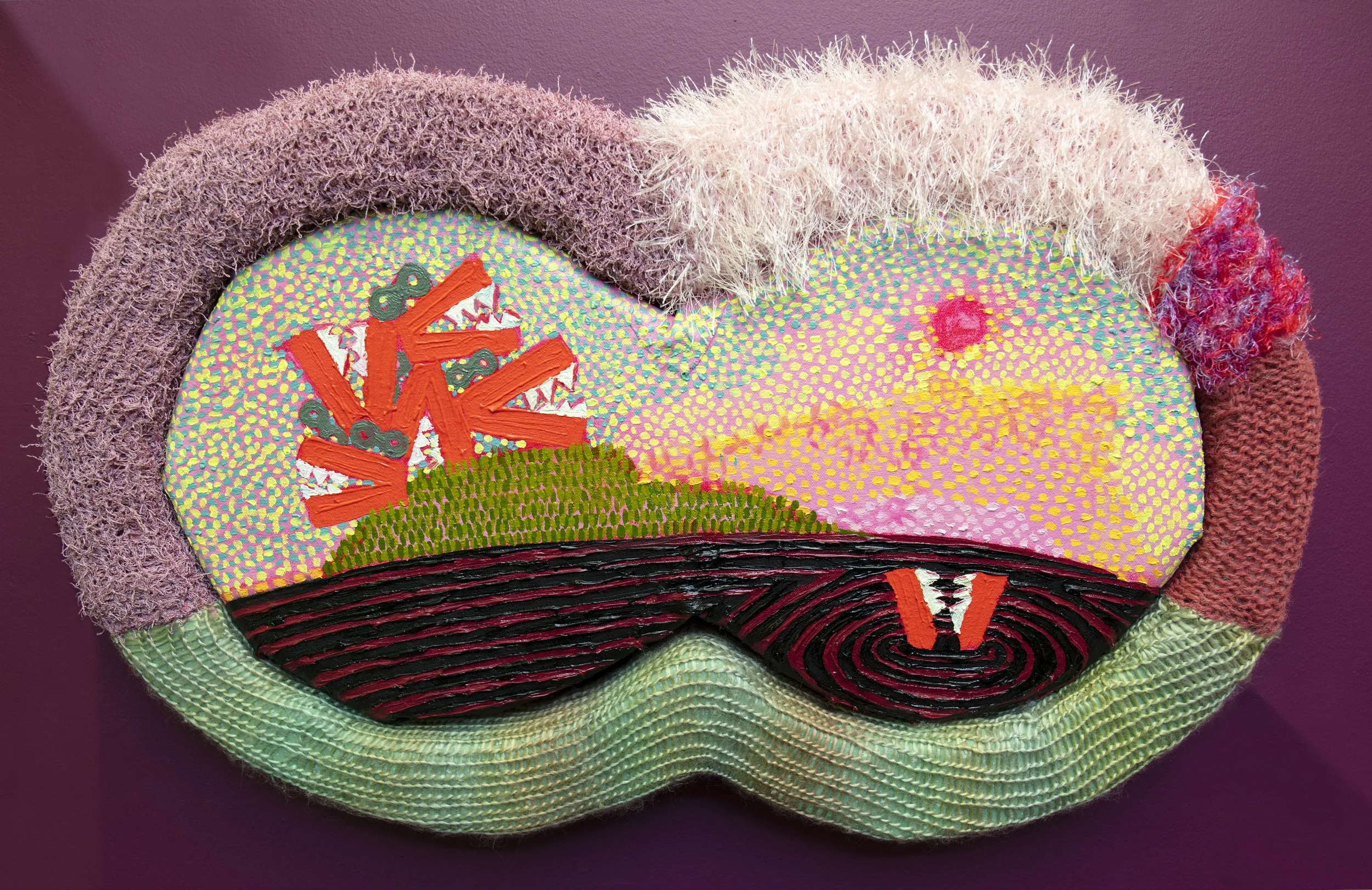 Binocular Viewpoint: Teeth Sharp With A False Utopia  2022   Oil on canvas and fabric wrapped upholstery foam   18 in x 24 in x 3 in