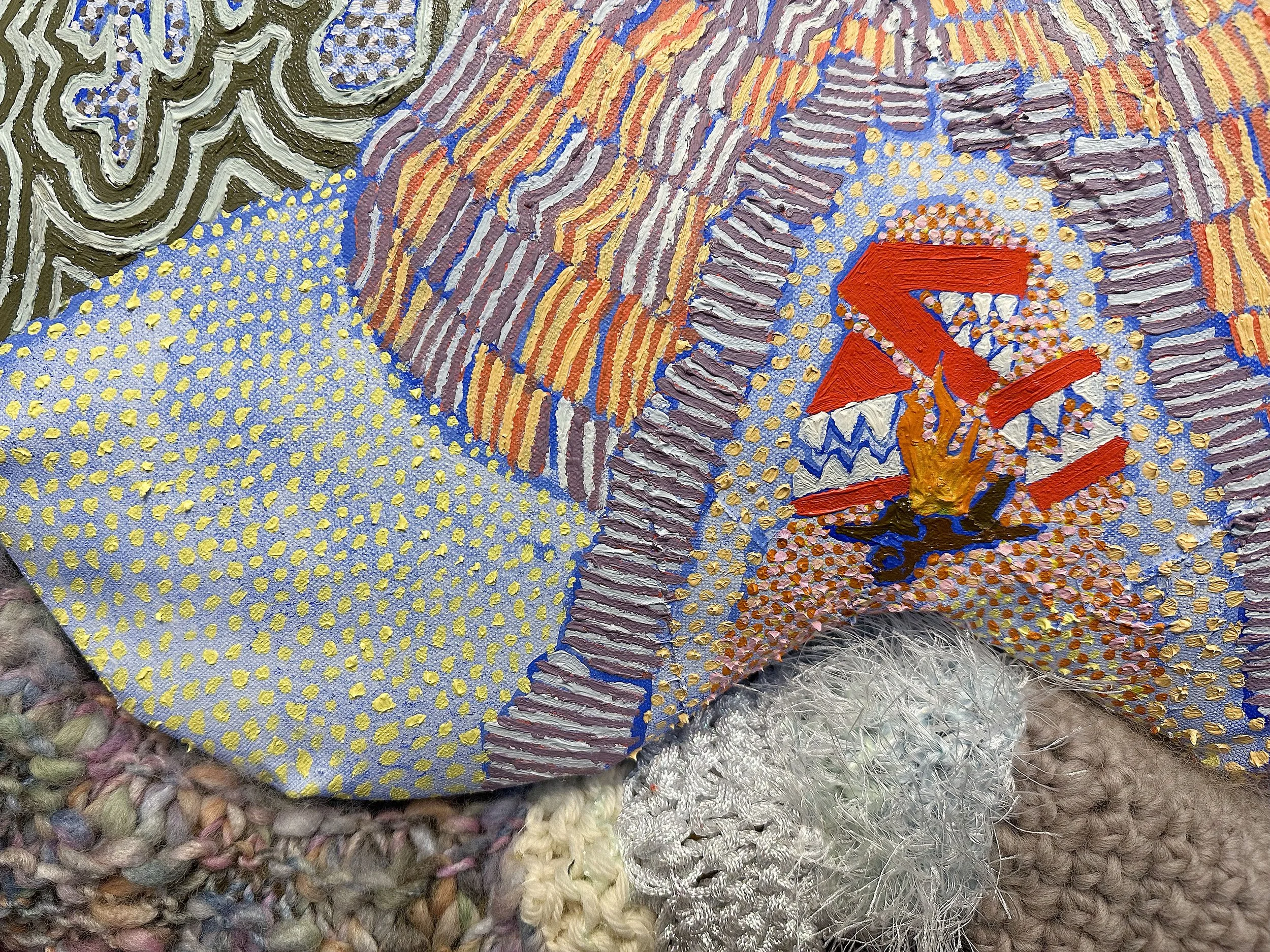 Binocular Viewpoint: Like snow; a silencing blanket; a collapsing shelter (detail)  2022   Oil on canvas and fabric wrapped upholstery foam   18 in x 24 in x 3 in
