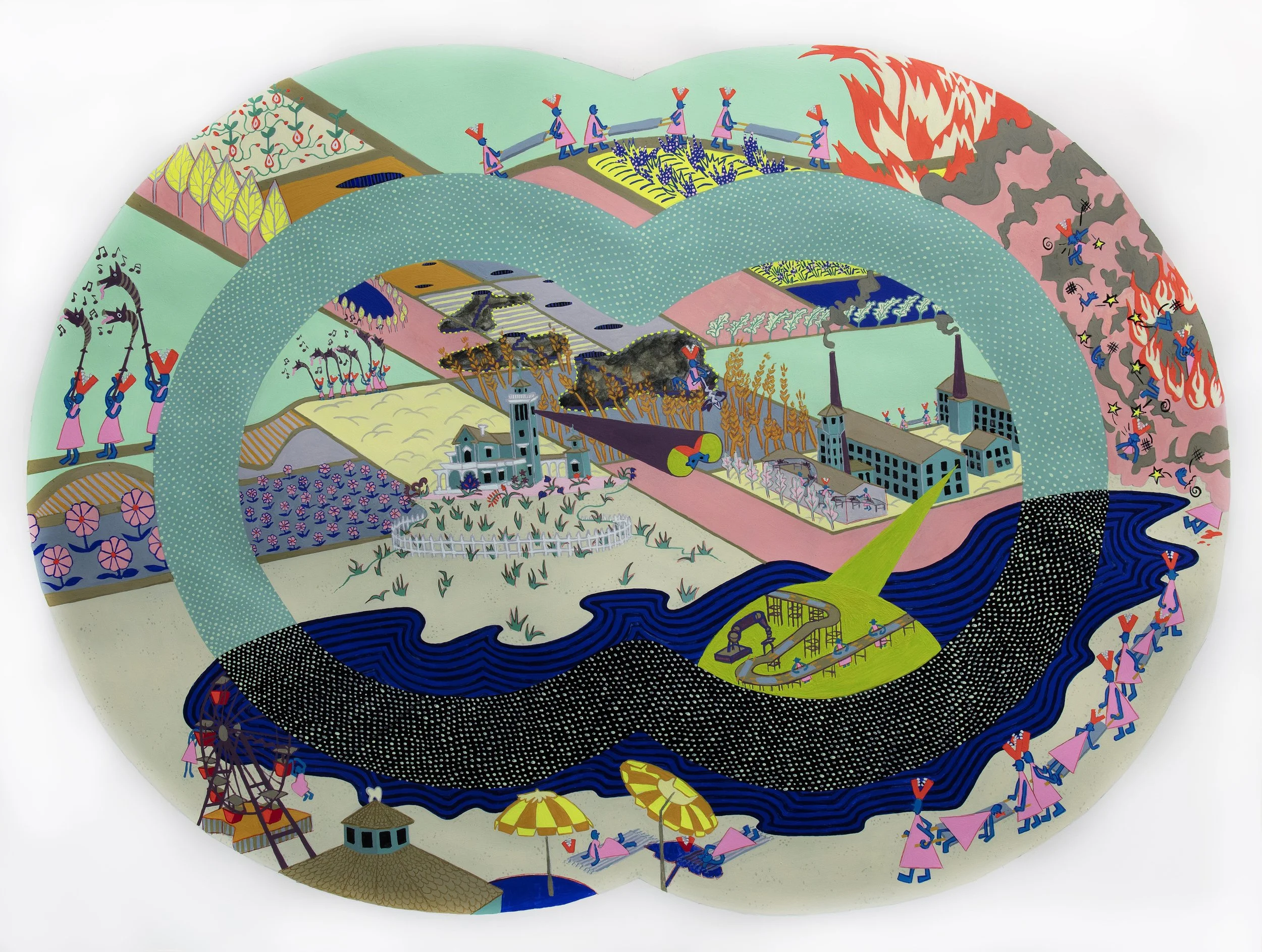  Company Town: Instruments for War (Steinway Village)&nbsp;  2025  Gouache on paper&nbsp;  22 in x 30 in 