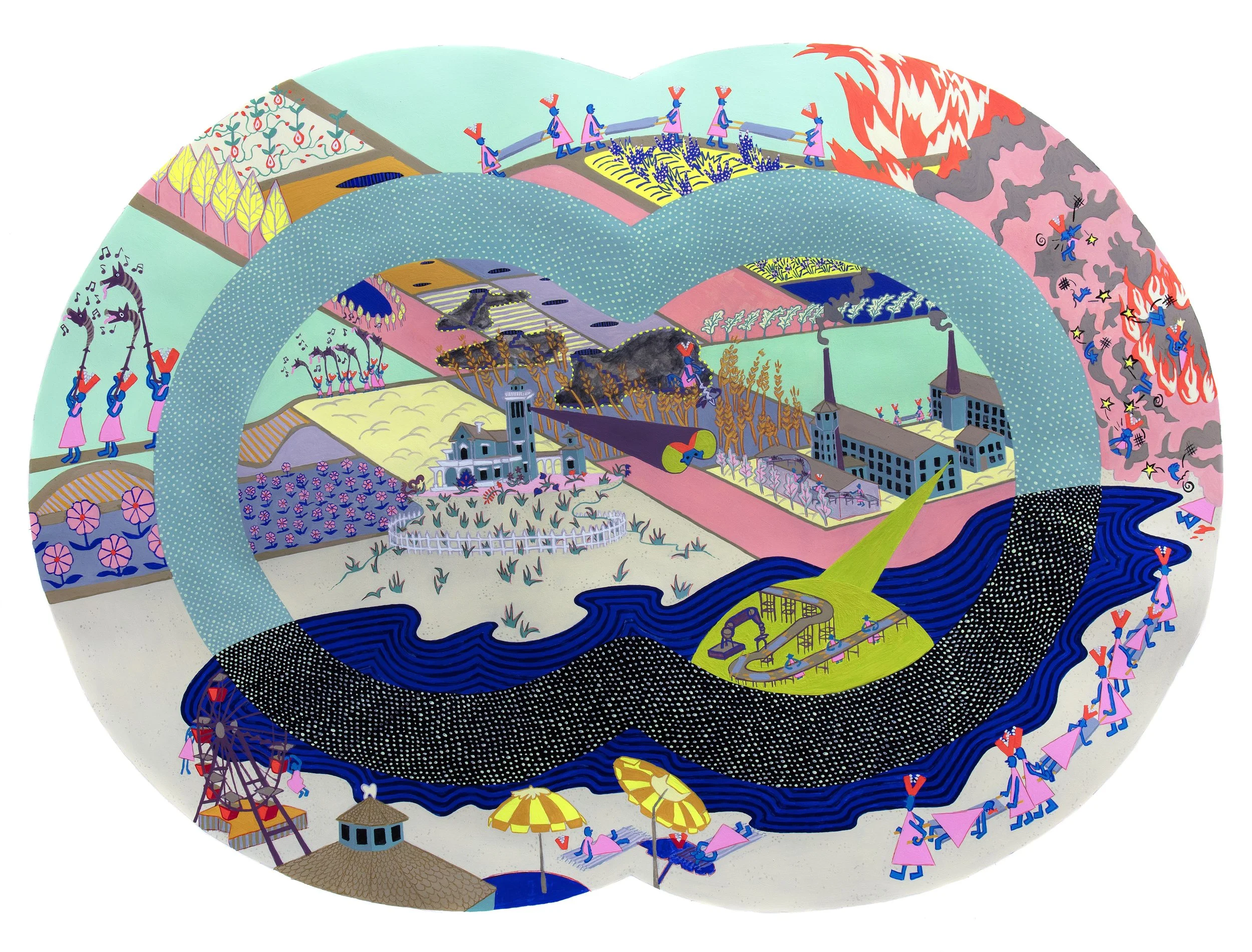  Company Town: Instruments for War (Steinway Village)&nbsp;  2025  Gouache on paper&nbsp;  22 in x 30 in 