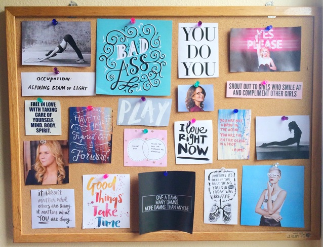 This is my "real life Pinterest board," as Nate calls it! I made it to hang above my drafting table for extra inspiration. It's got my favorite girl bosses--Amy Schumer, Tina Fey, Amy Poehler, and Claire L. Evans of the band YACHT--plus a bunch of my favorite illustrated and design-y quotes and some yoga photos to keep me motivated to hop on the mat when I'm done working.