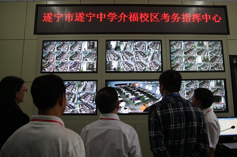 Monitoring the test room for cheaters.