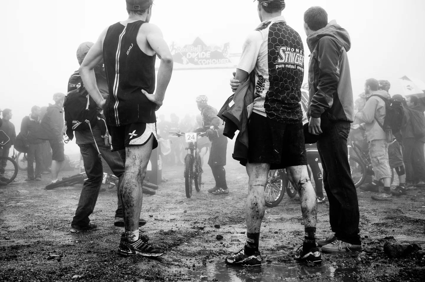  Competitor Mountain Biker waiting for his Mountain Running teammate to tag him into the Red Bull Divide and Conquer Race on Grouse Mountain in Vancouver, Canada on the 16th of June, 2012. 
