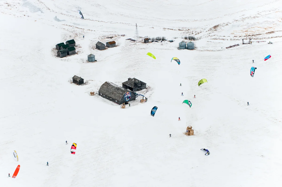 Competitors perform in Red Bull Kite Farm on a field in Regina, Canada on February 15th, 2015