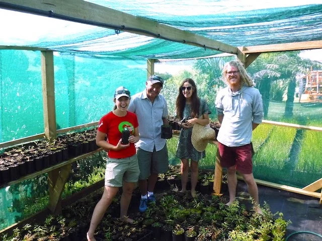 Alicia and Kim from COLC with Liam and Hanna from “The Rubbish Trip” amongst our Kauri trees in the COLC nursery