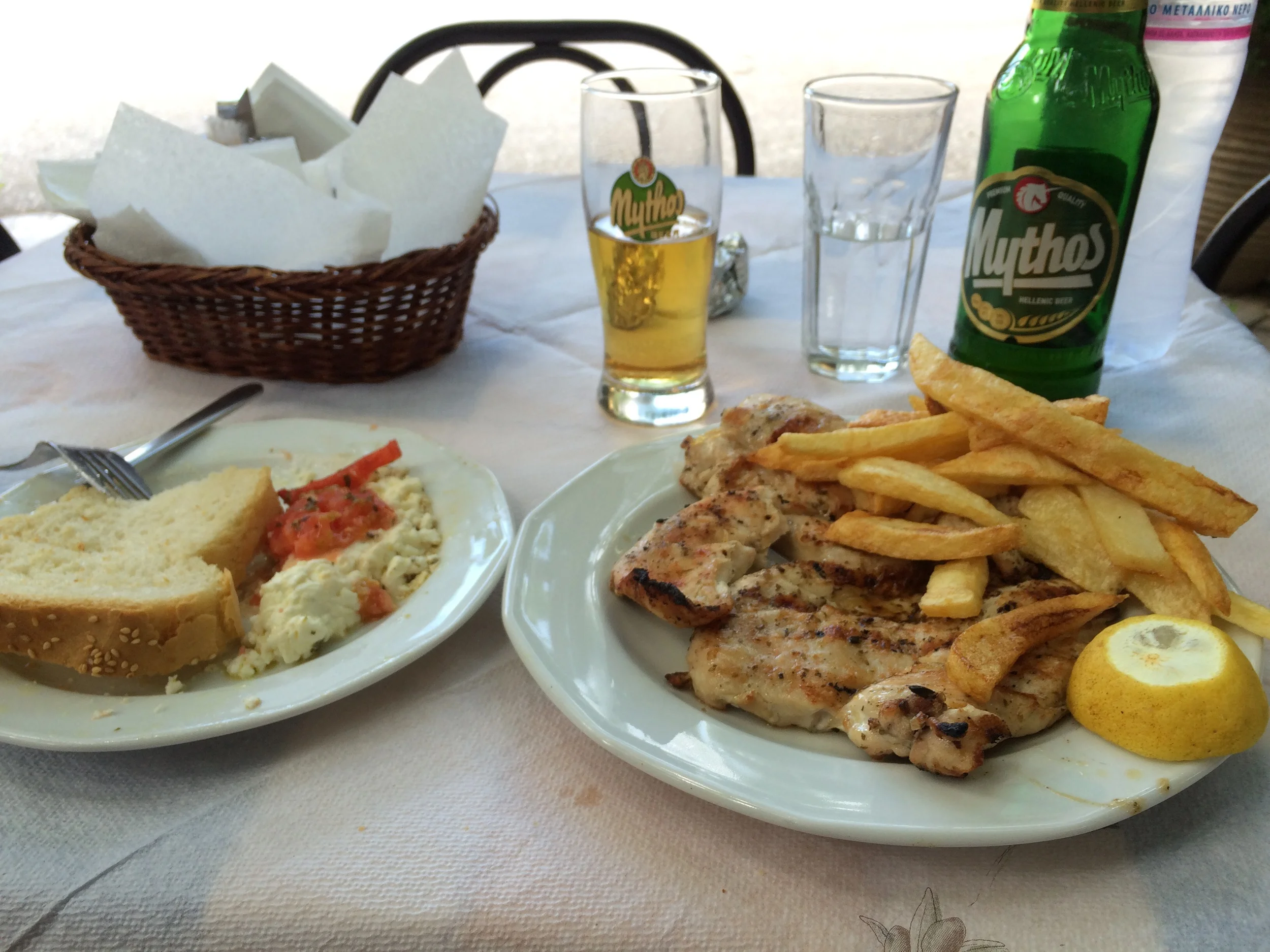Grilled feta, grilled chicken and Mythos, my fav.