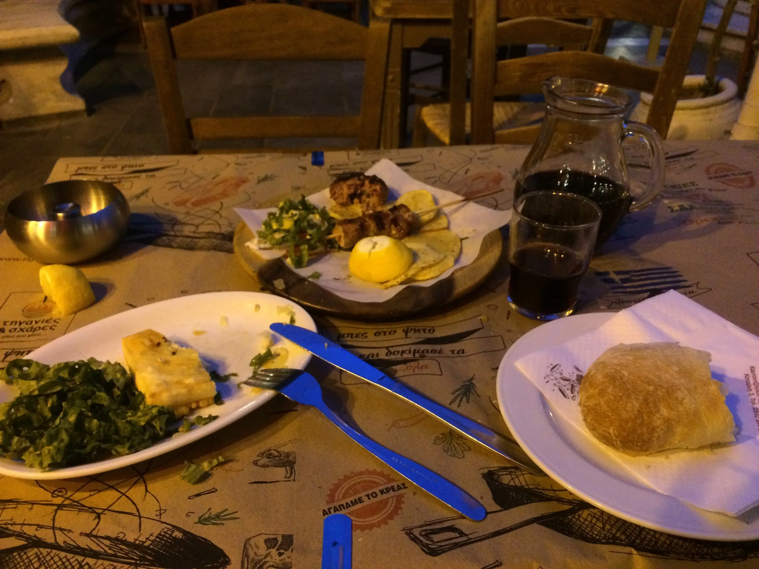 Meatball, souvlaki, saganaki, demi-sweet wine, bread