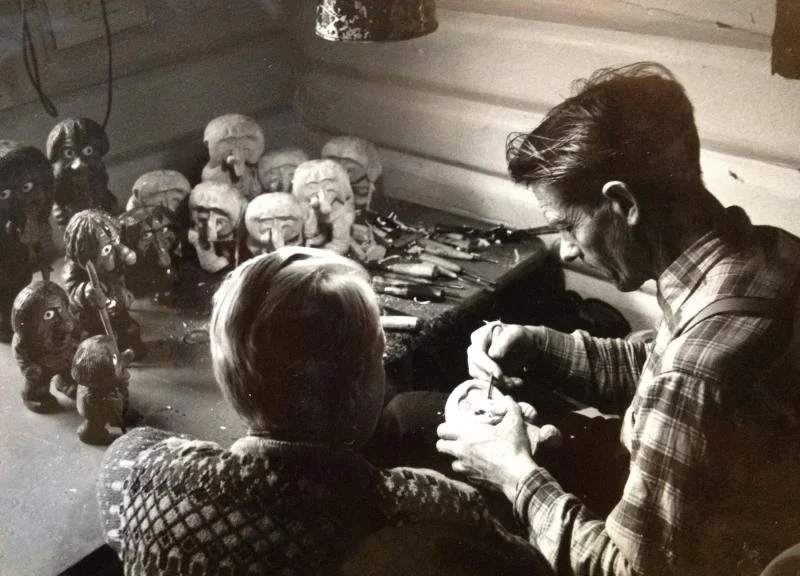 My late grandfather, Anton Sveen, carving trolls with my late father, Arnfinn Sveen, in the 1960s.