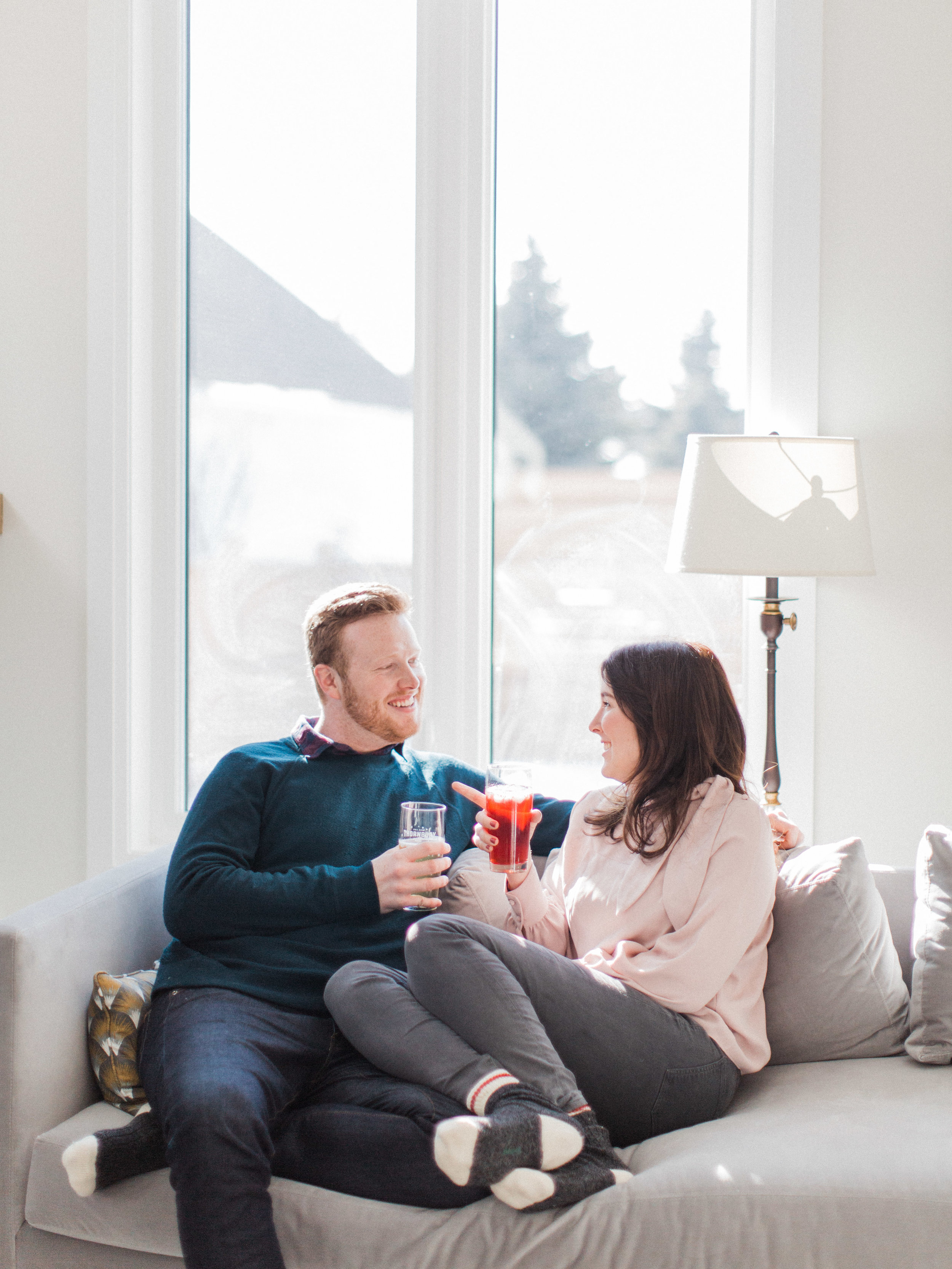 Sunny Engagement Photographs from Kathleen &amp; Erik's Winter at home engagement session in Collingwood, by toronto wedding photographer corynn fowler photography