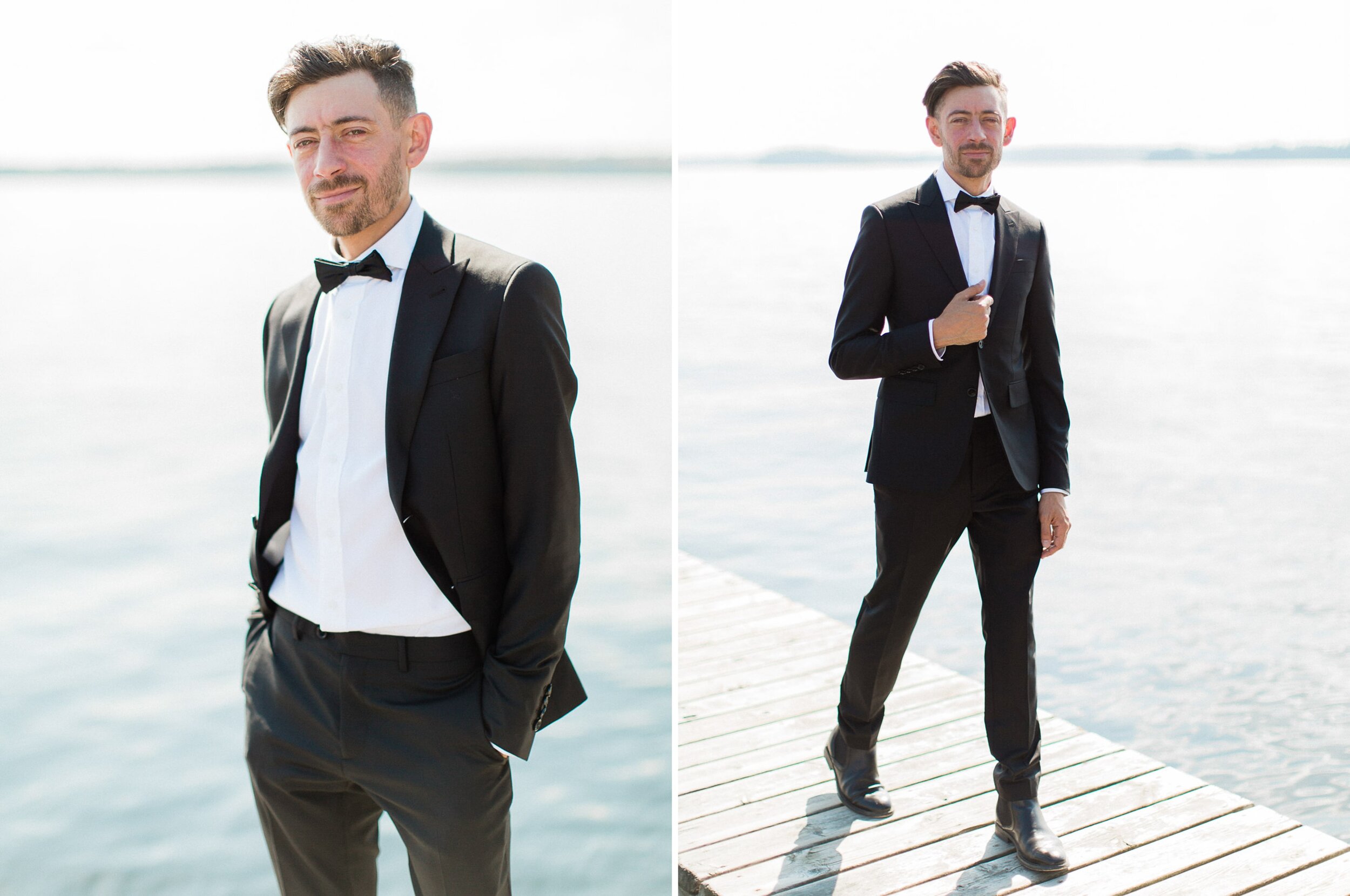 groom posing naturally for a candid happy photo on his wedding day at windermere house muskoka