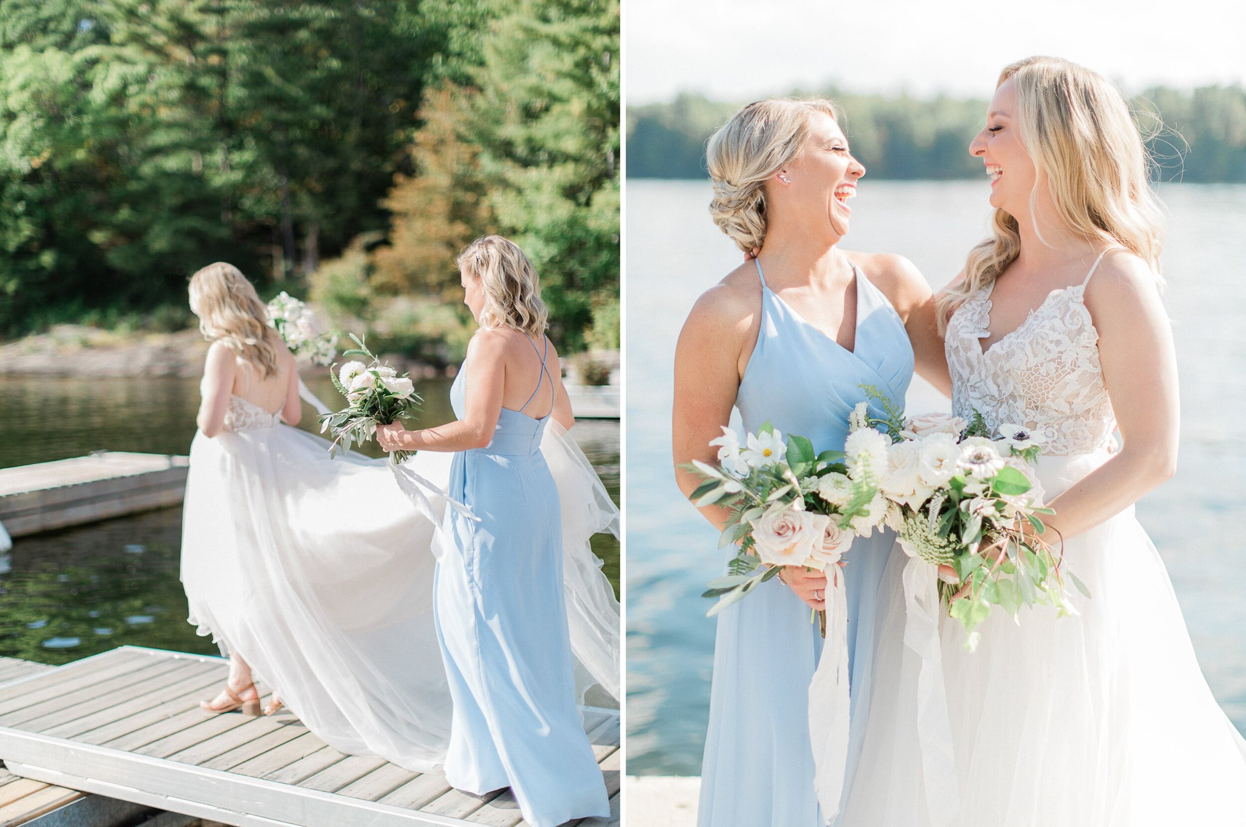 bride and bridesmaids posing naturally for a candid happy photo on their wedding day at windermere house muskoka