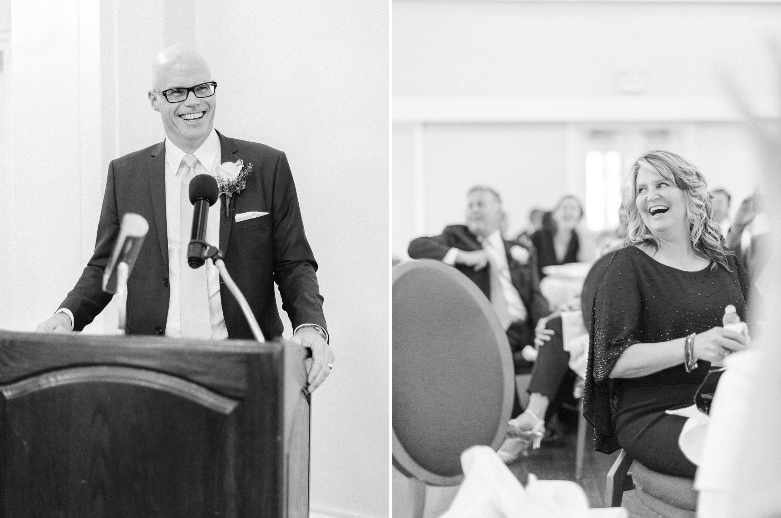 candid emotional reception photograph of speeches at a wedding at the rcyc toronto