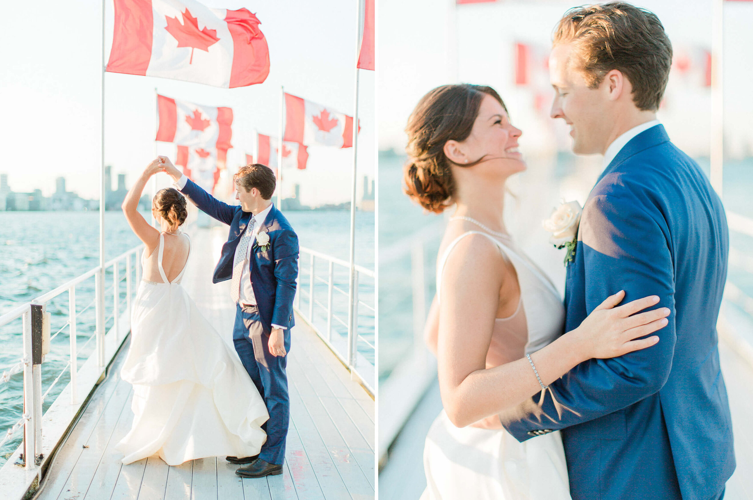 bride and groom posing naturally for candid sunset portraits during their wedding at the rcyc toronto