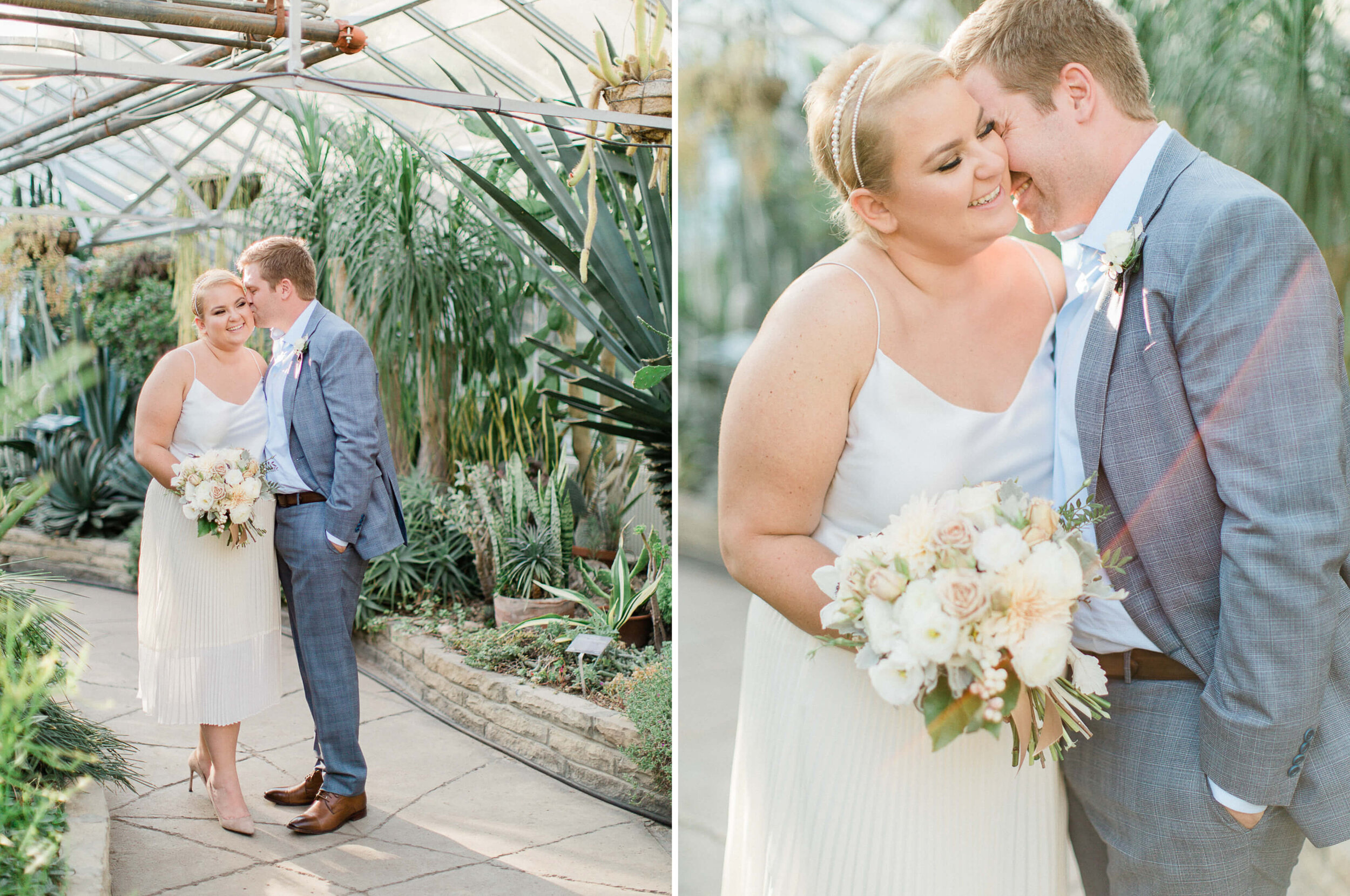 bride and groom posing naturally for candid wedding photographs at their intimate allen gardens elopement