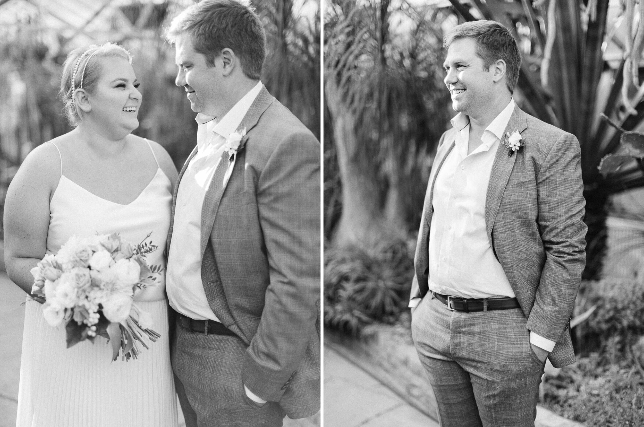 bride and groom posing naturally for candid wedding photographs at their intimate allen gardens elopement